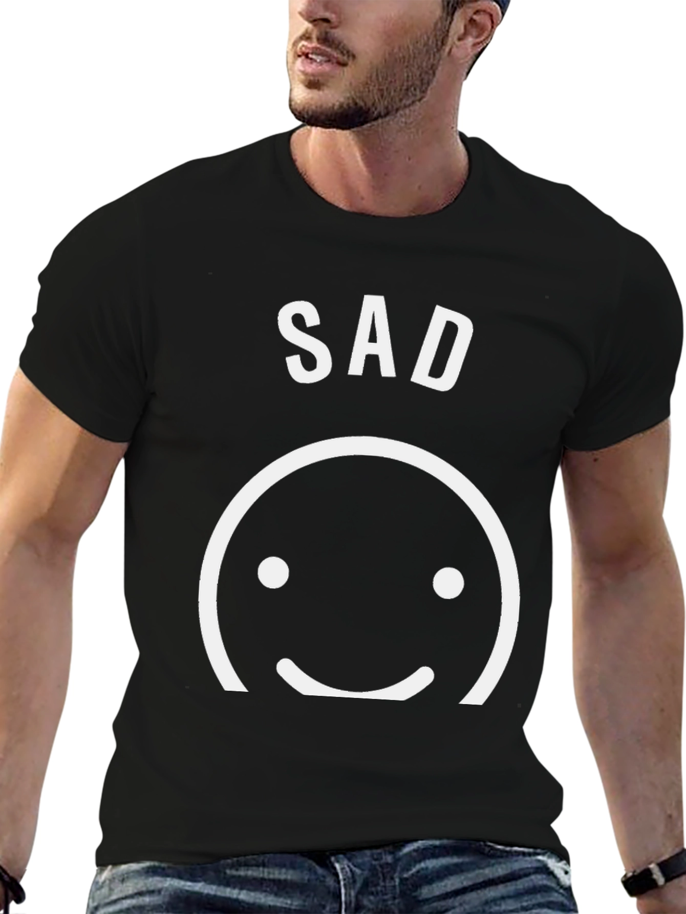 Black Sad Face Graphic Tee - Unisex Black Cotton T-Shirt view 6