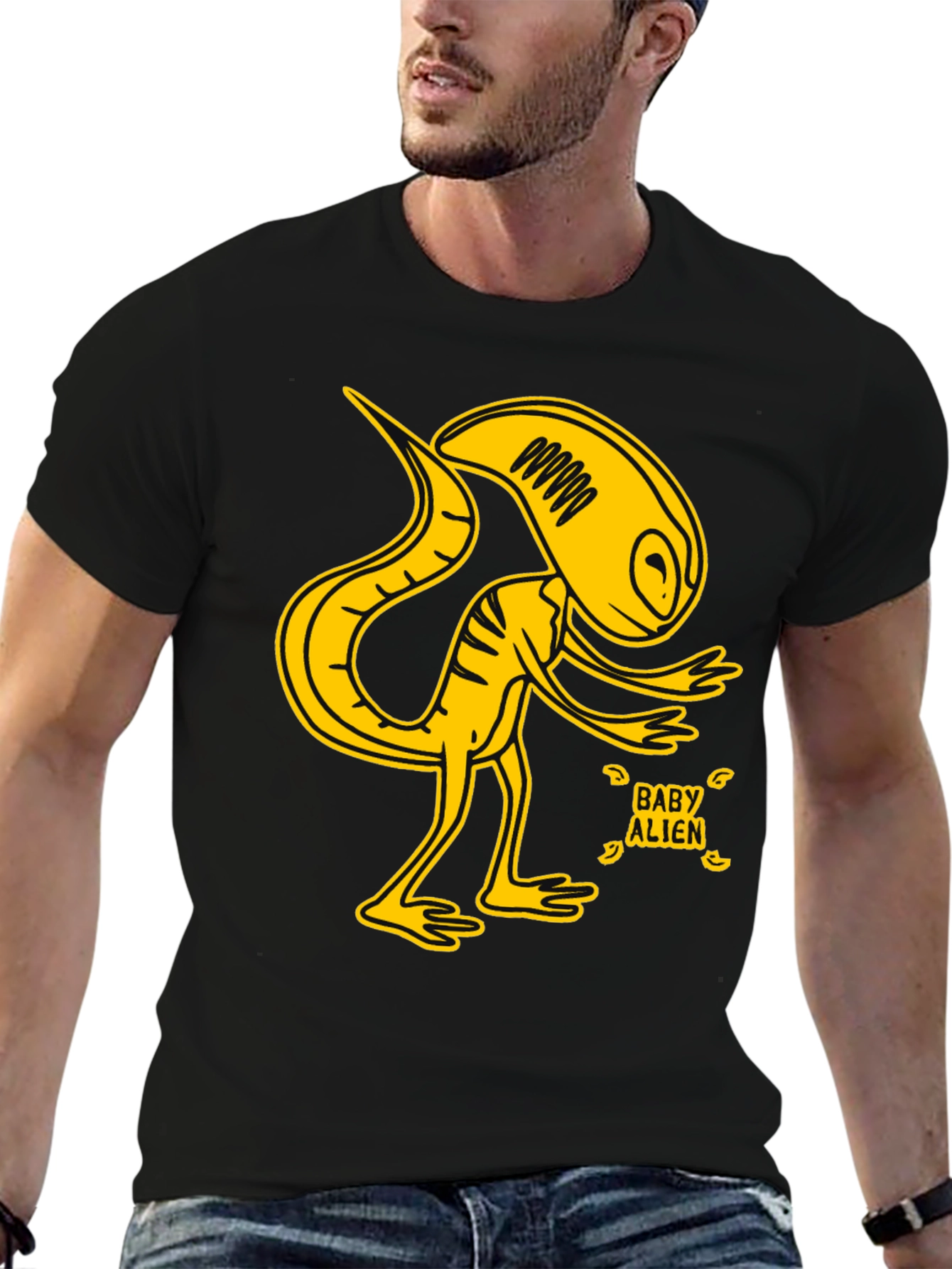 Black Baby Alien Graphic T-Shirt - Yellow Design view 6