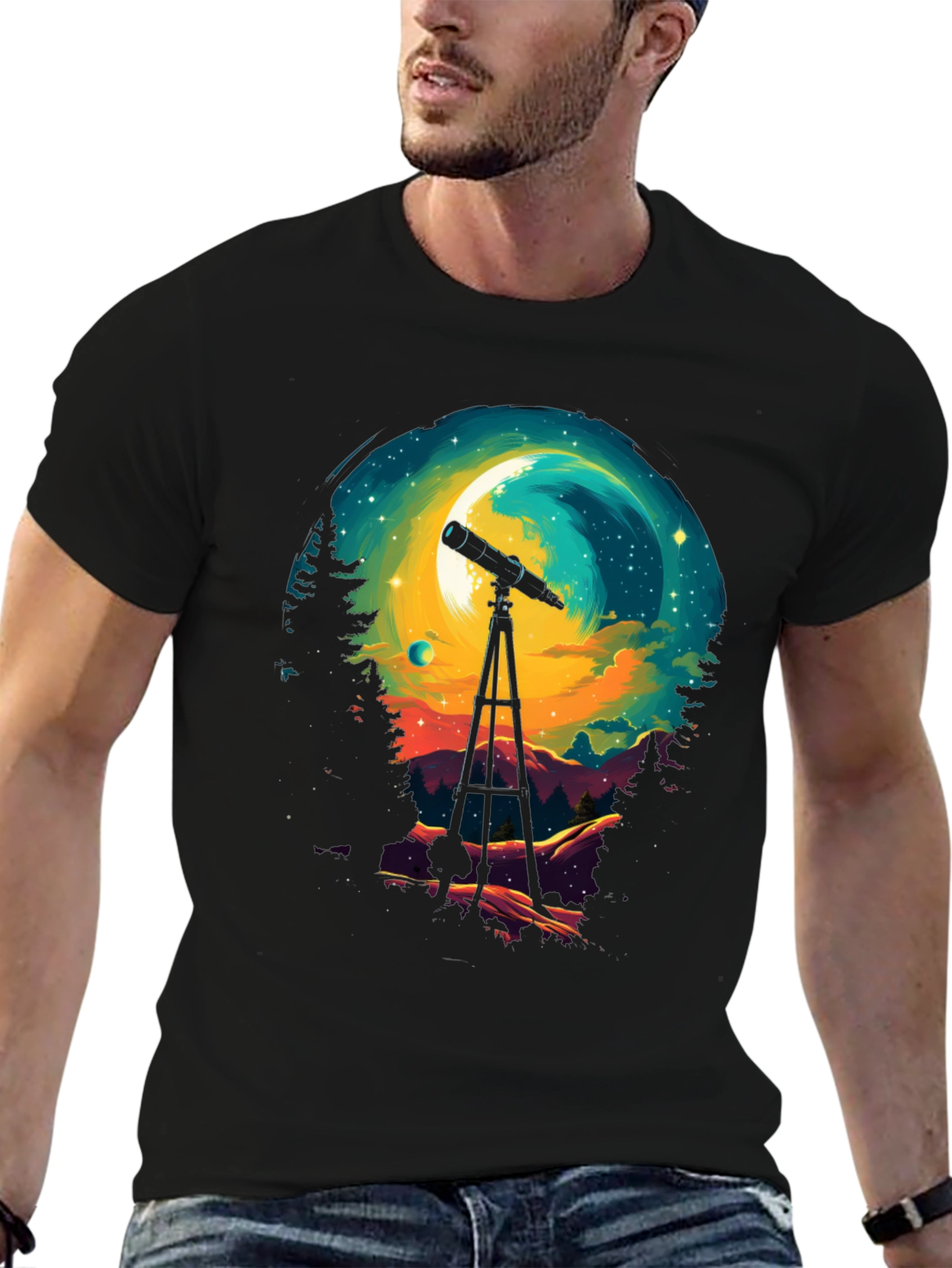 Black Astronomy Night Sky Telescope Graphic T-Shirt view 6