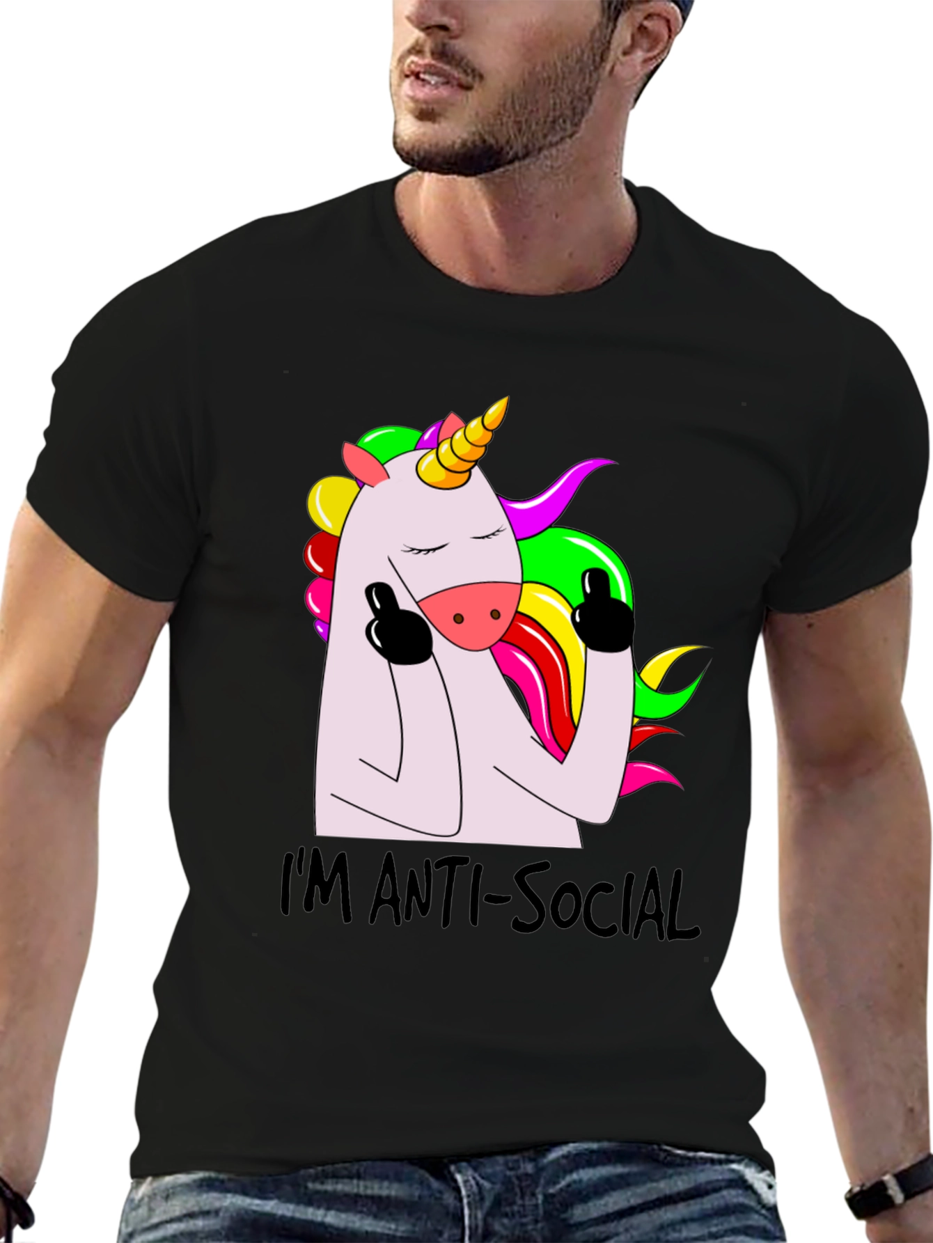 Black Anti-Social Unicorn Graphic Tee - Soft Black Cotton view 6