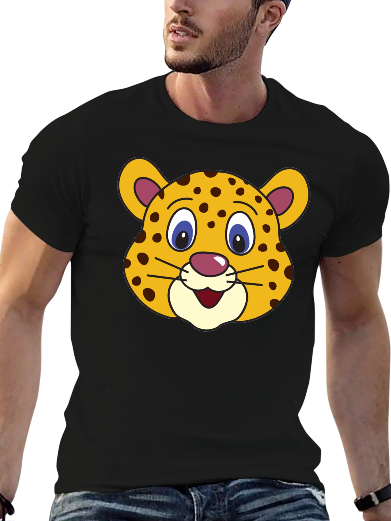 Black Cartoon Leopard Graphic Black T-Shirt view 6
