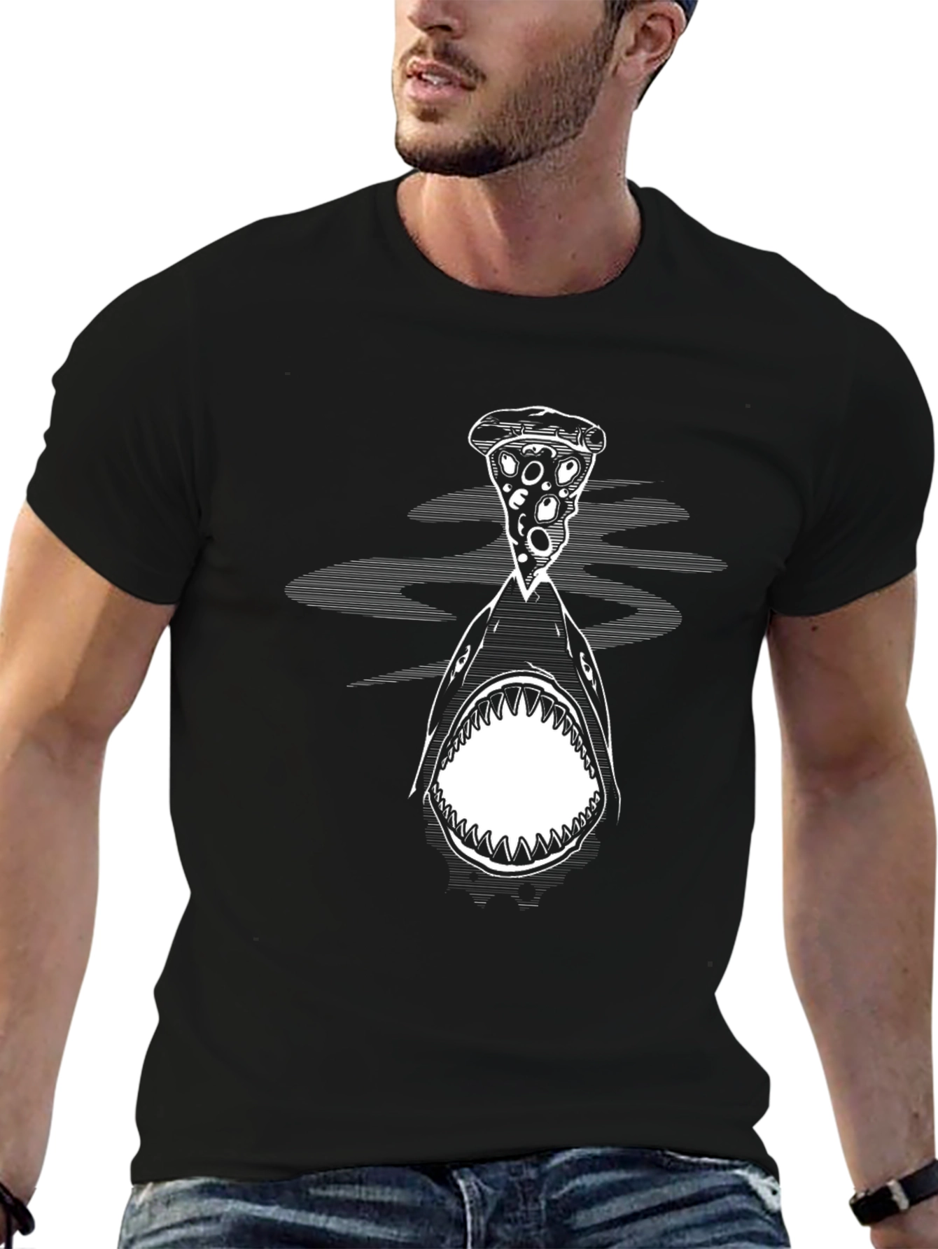Black Pizza Shark Graphic Tee - Black Cotton T-Shirt view 6