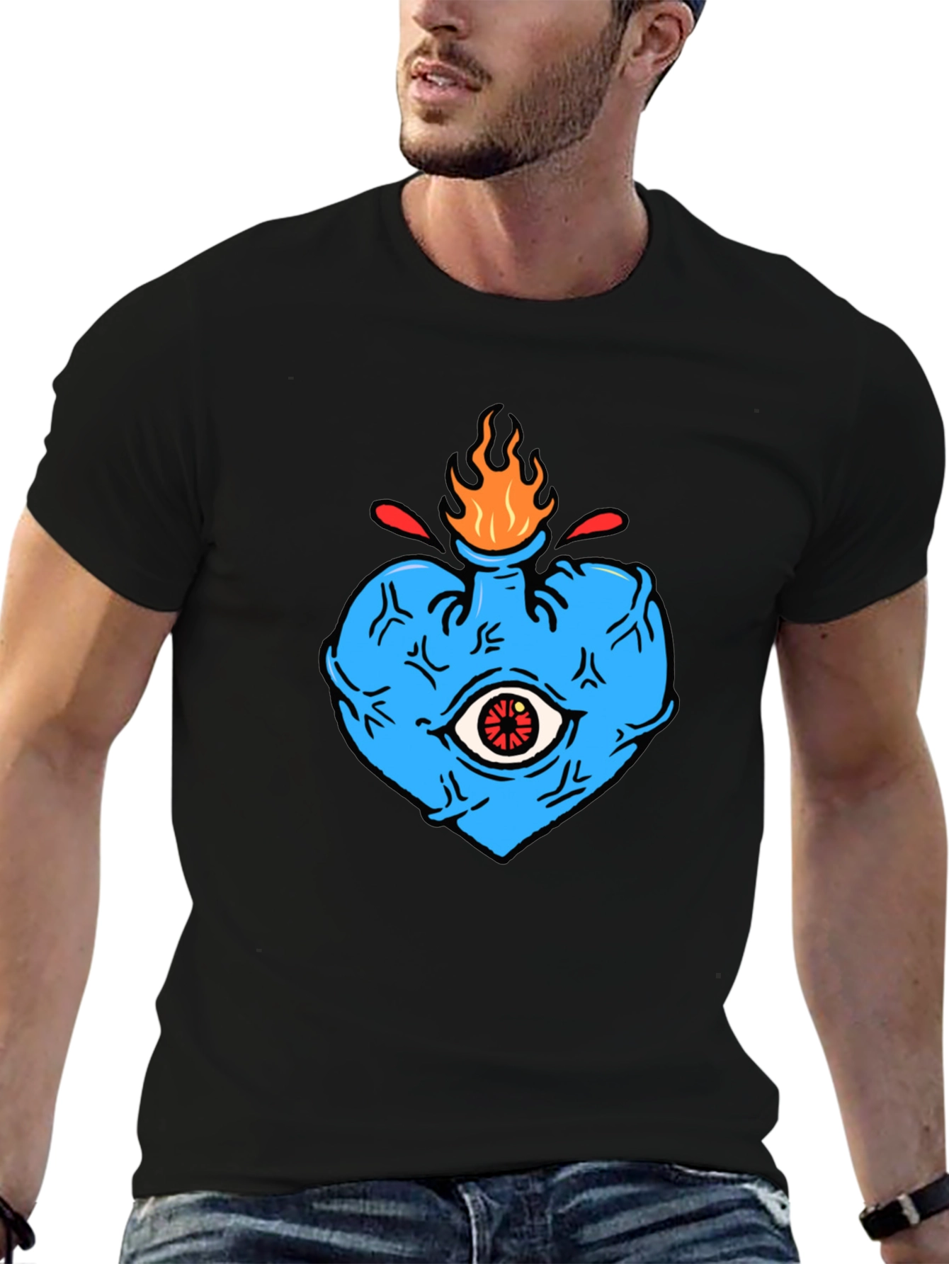 Black Men's Graphic Tee - Burning Heart Eye Design view 6