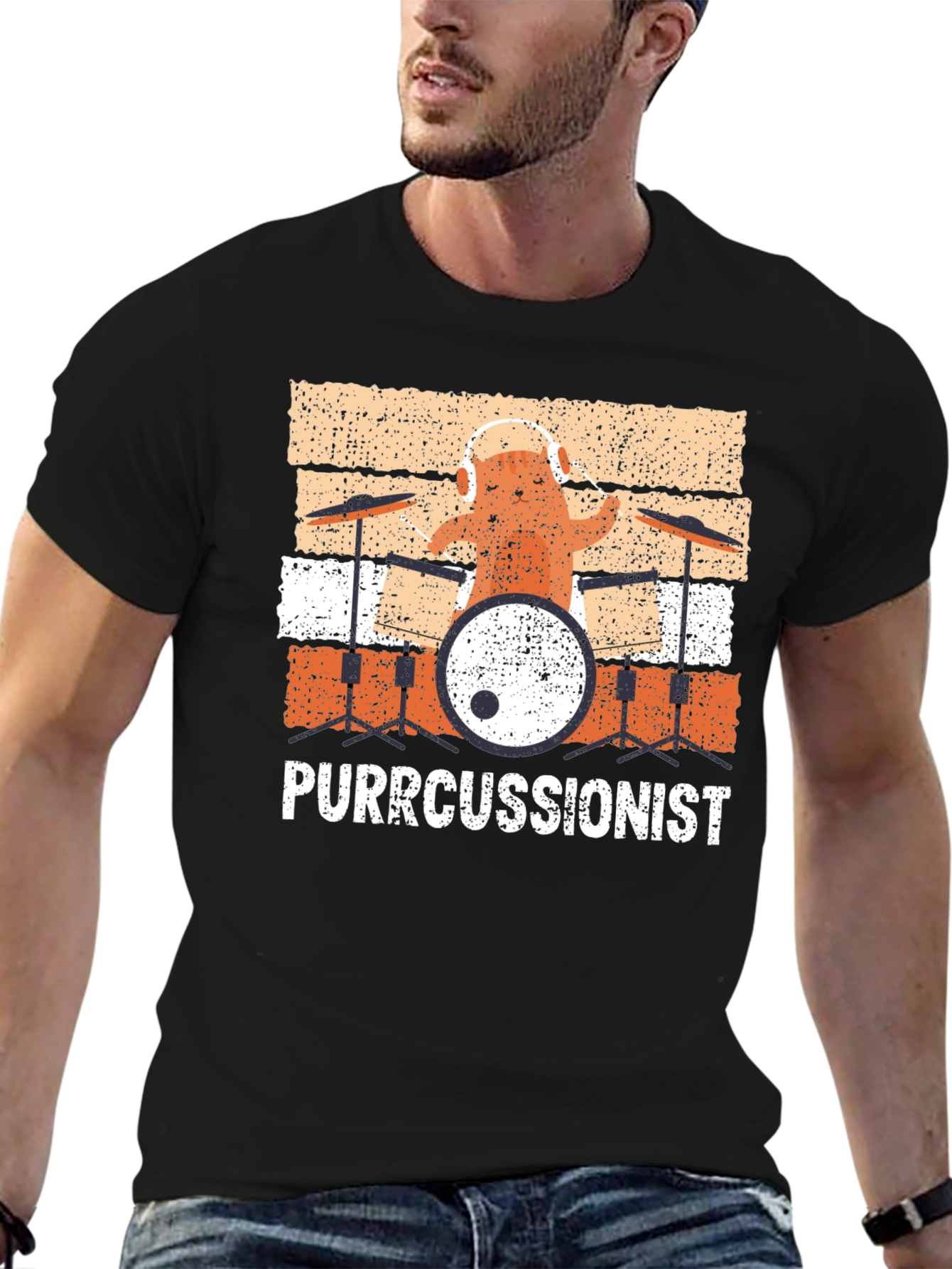 Black Purrcussionist Drummer Cat T-Shirt view 6