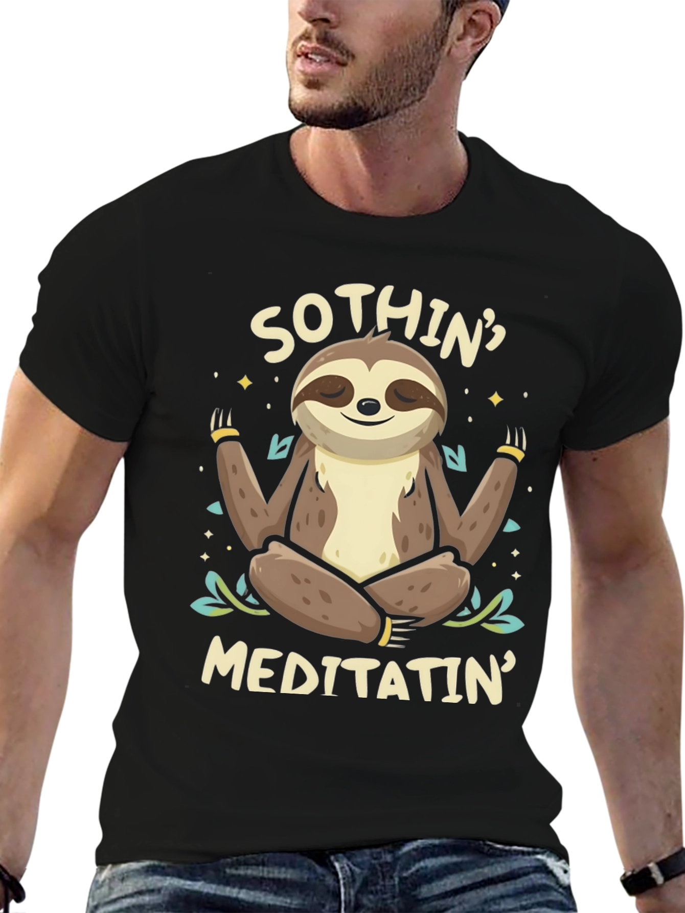 Black Men's "Sothin' Meditatin'" Sloth Graphic T-Shirt view 6