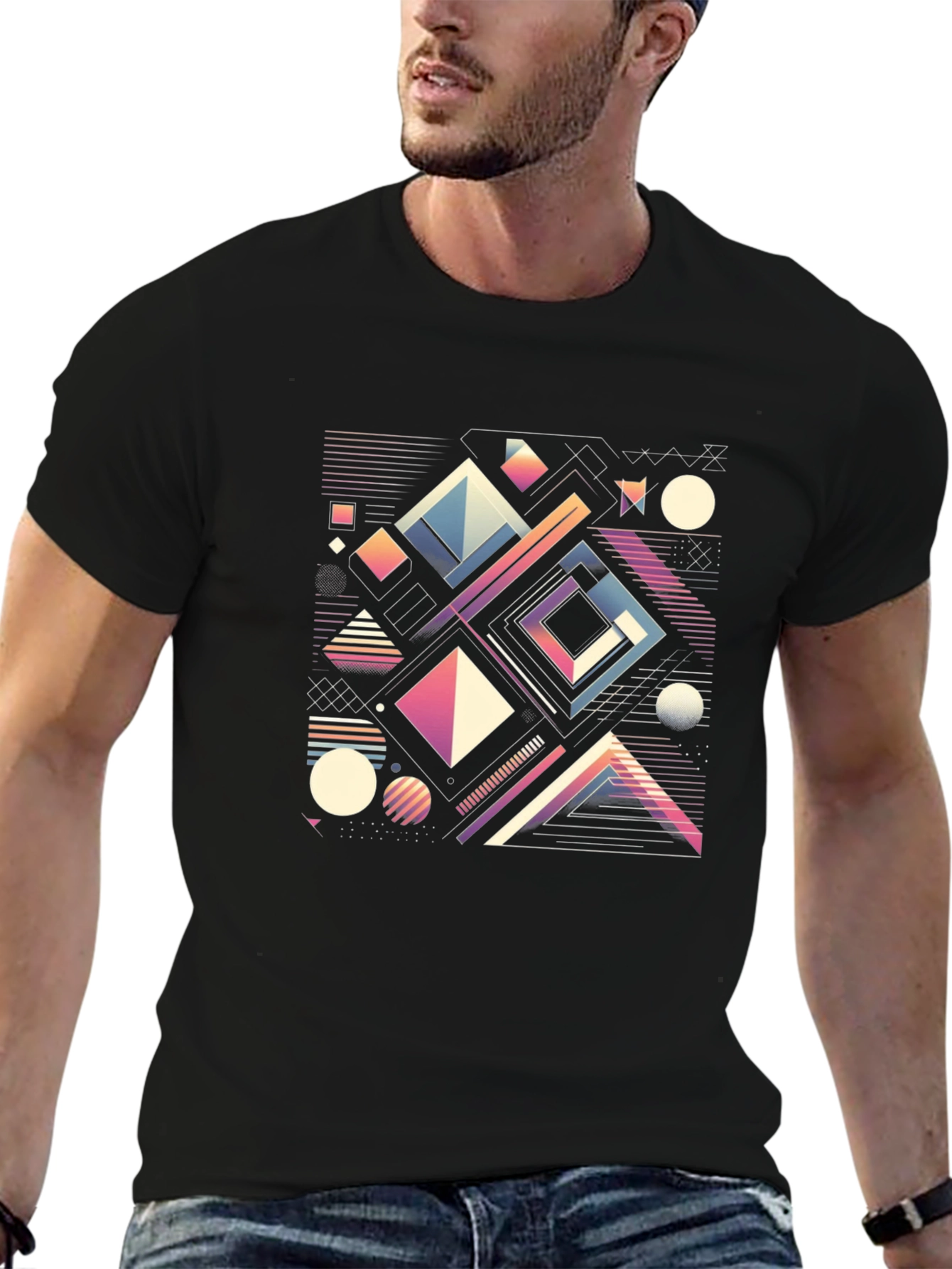 Black Geometric Pattern T-Shirt - Retro Modern Style view 6