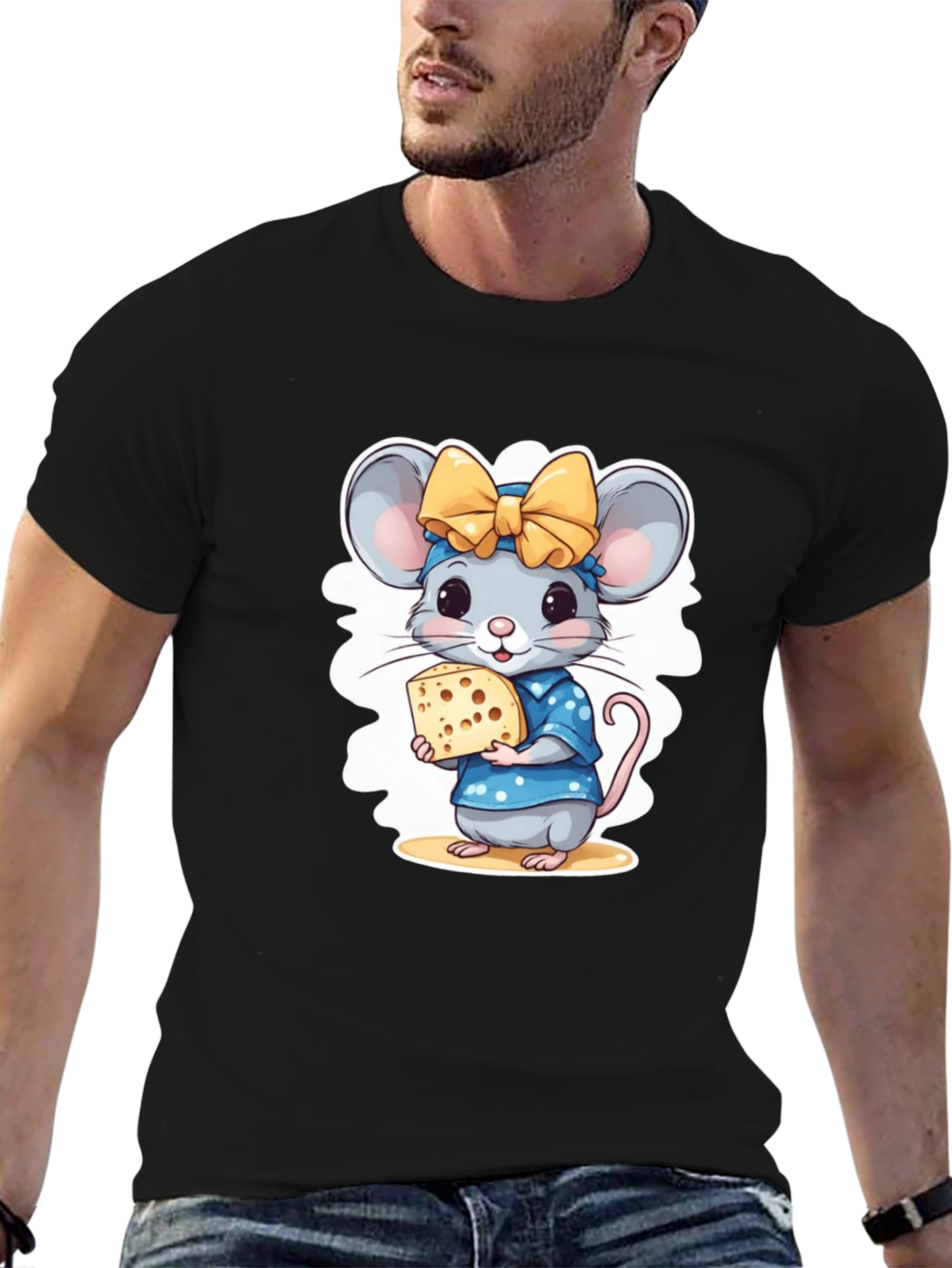 Black Cute Cartoon Mouse Cheese Lover T-Shirt view 6