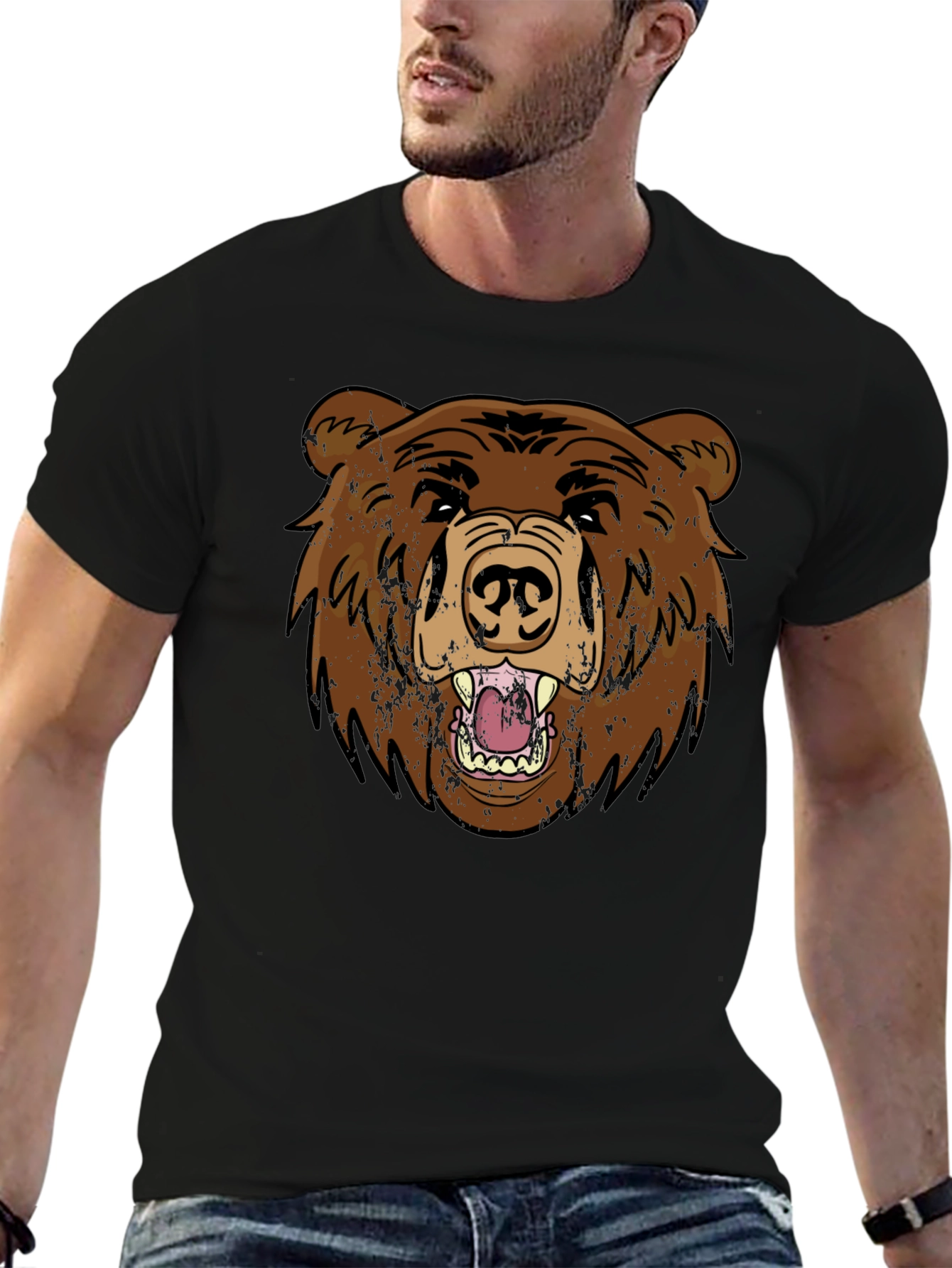 Black Grizzly Bear Graphic Tee - Black Cotton T-Shirt view 6