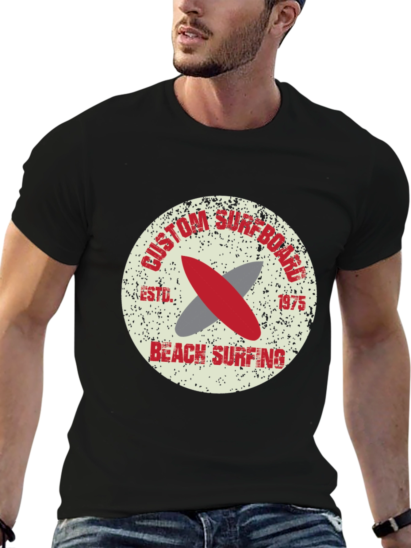 Black Custom Surfboard Beach Surfing Graphic T-Shirt view 6