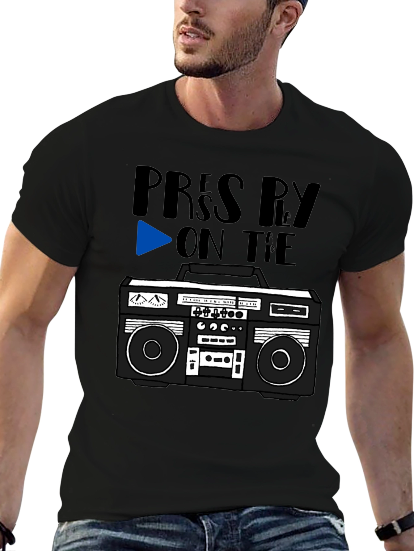Black Retro Boombox Tee - Press Play On the Tape! view 6
