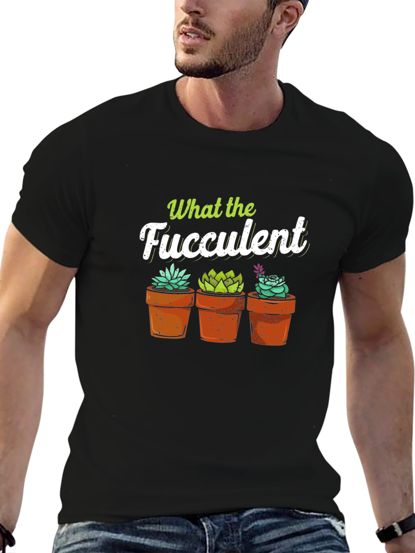 Black What the Fucculent T-Shirt - Potted Succulents view 6
