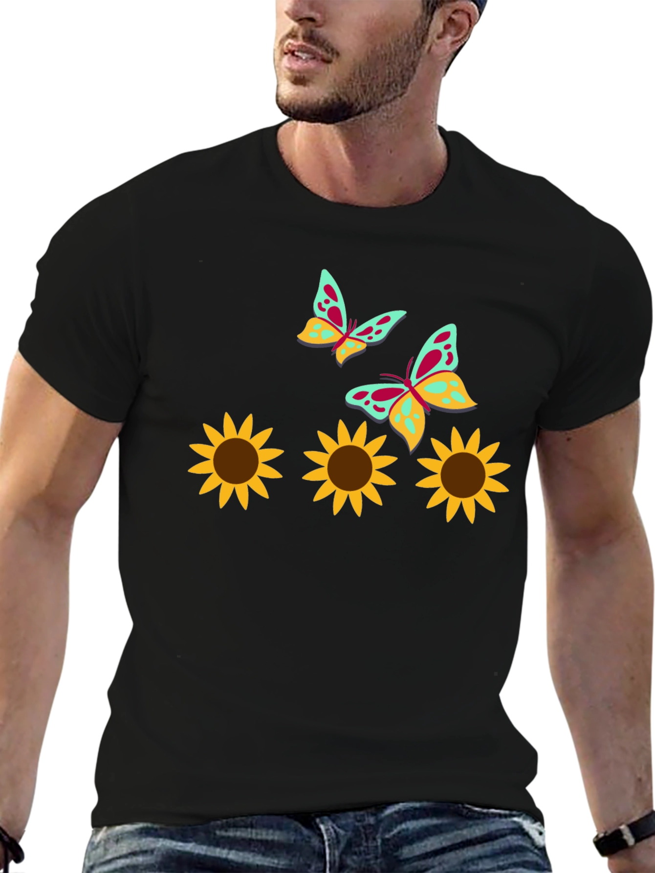 Black Sunflower and Butterfly Graphic Tee view 6