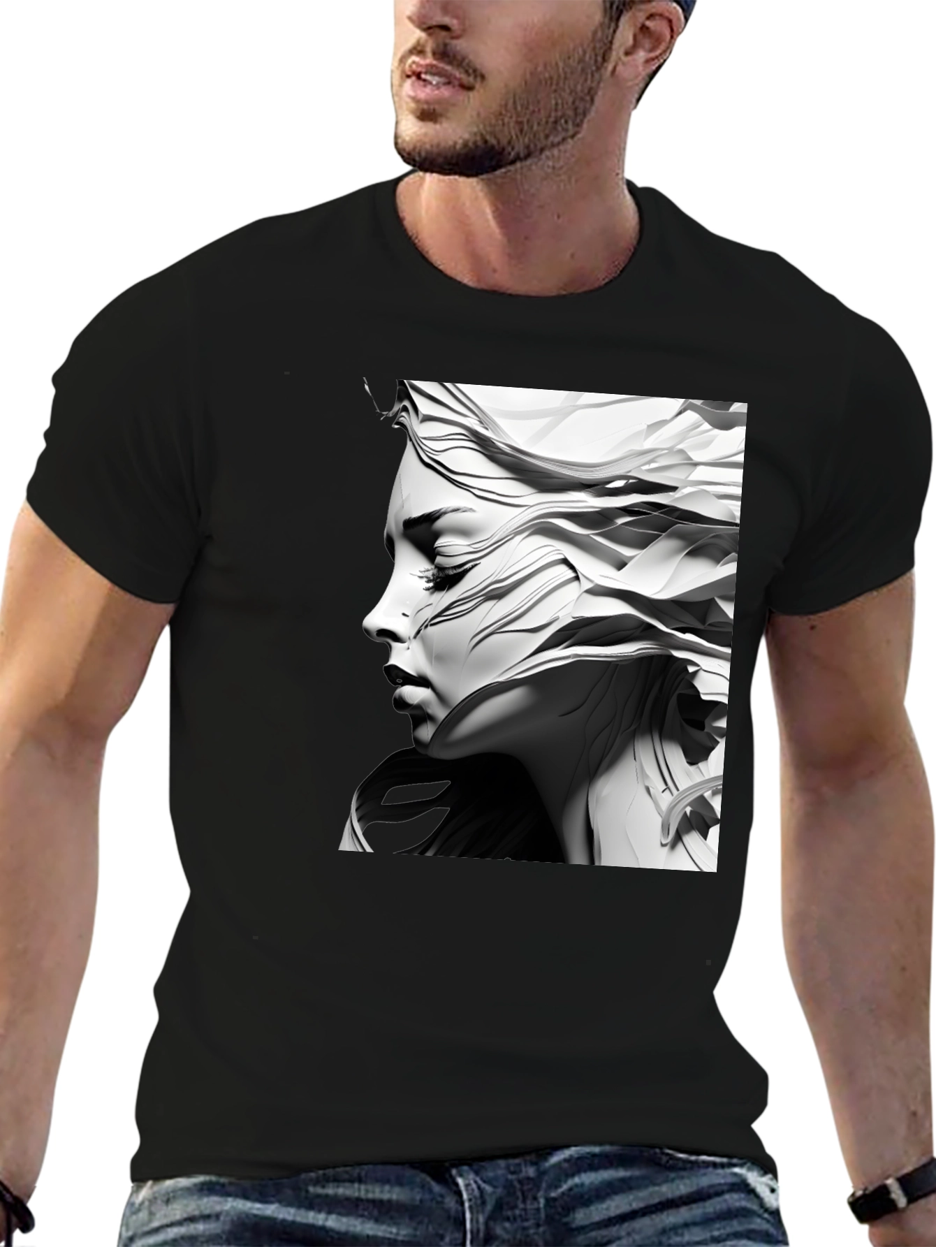 Black Abstract Woman Graphic Tee - Modern Art T-Shirt view 6