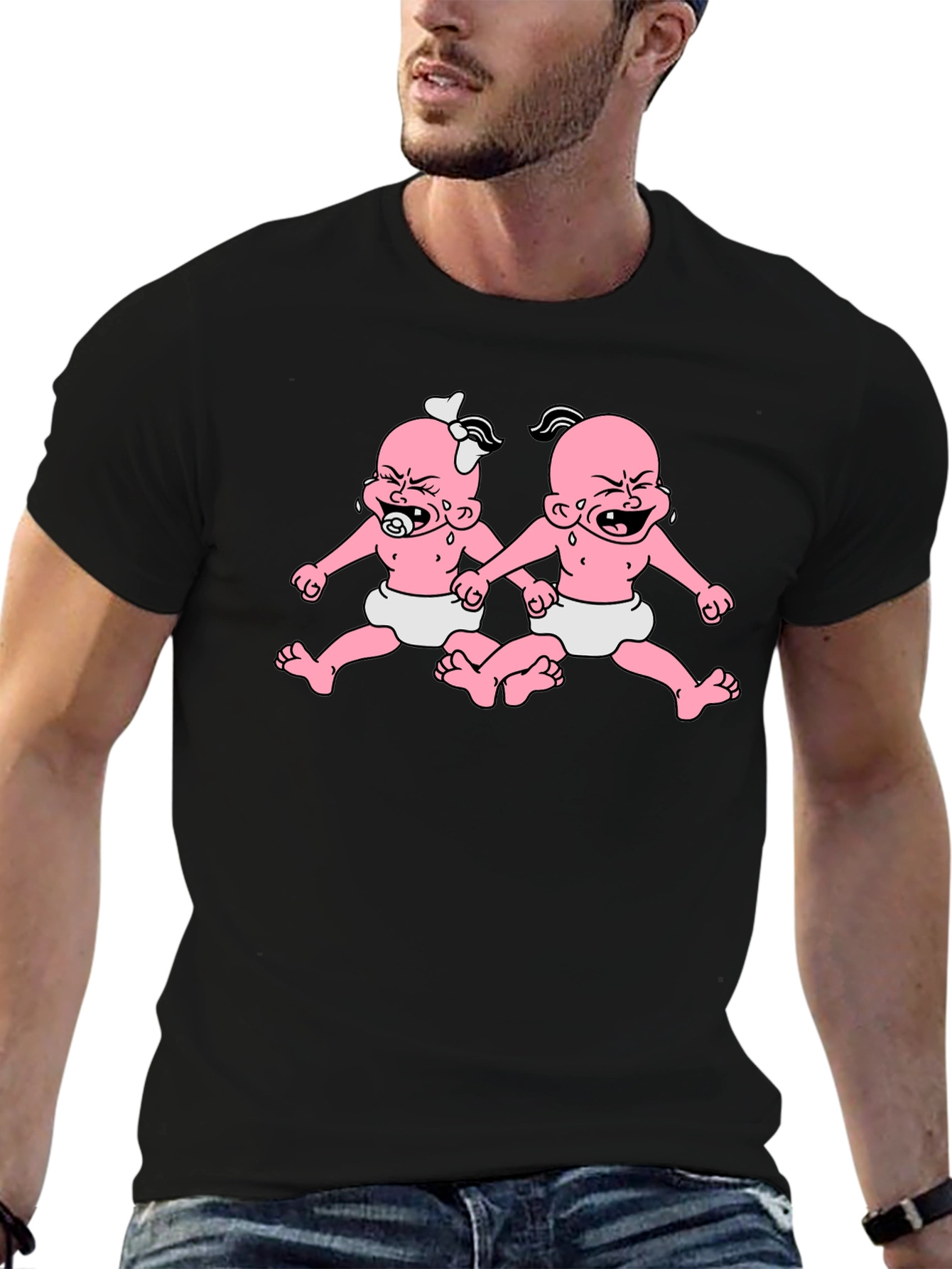 Black Funny Twin Babies Graphic Tee - Black view 6