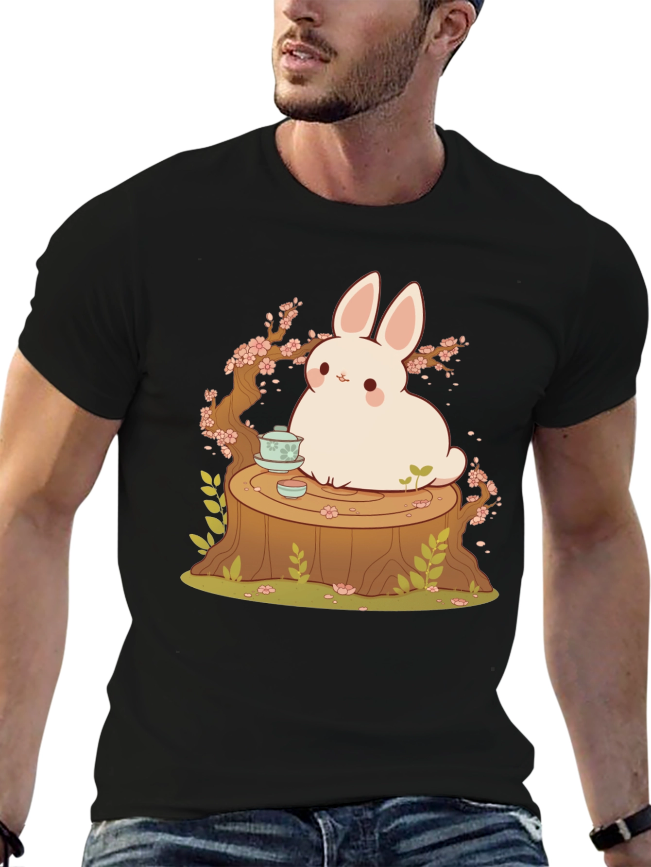 Black Cute Bunny and Tea Tree Stump Black T-Shirt view 6