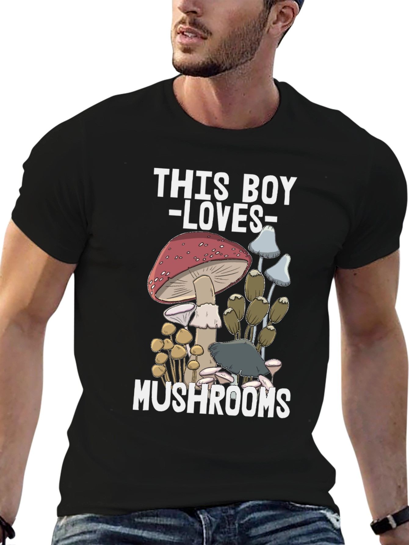 Black This Boy Loves Mushrooms T-Shirt view 6