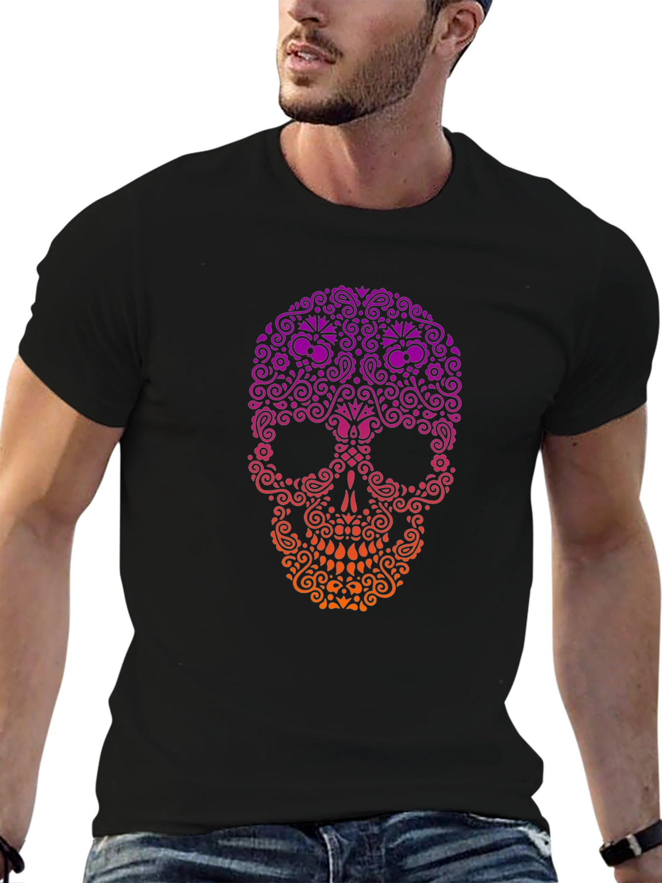 Black Ornamental Skull Graphic Tee - Black Cotton T-Shirt view 6