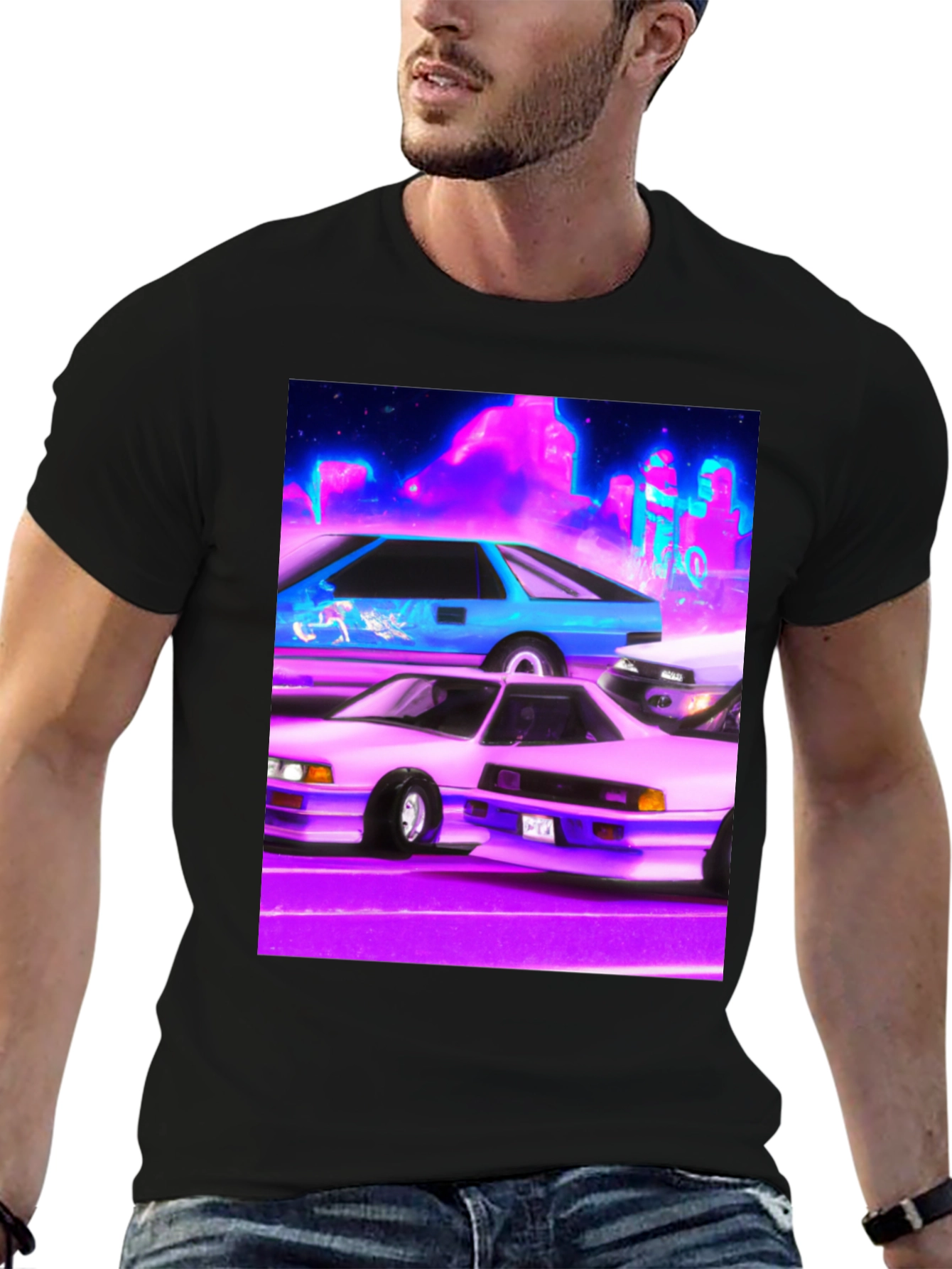 Black Retro Cars Graphic Tee - Black Cotton Blend Shirt view 6