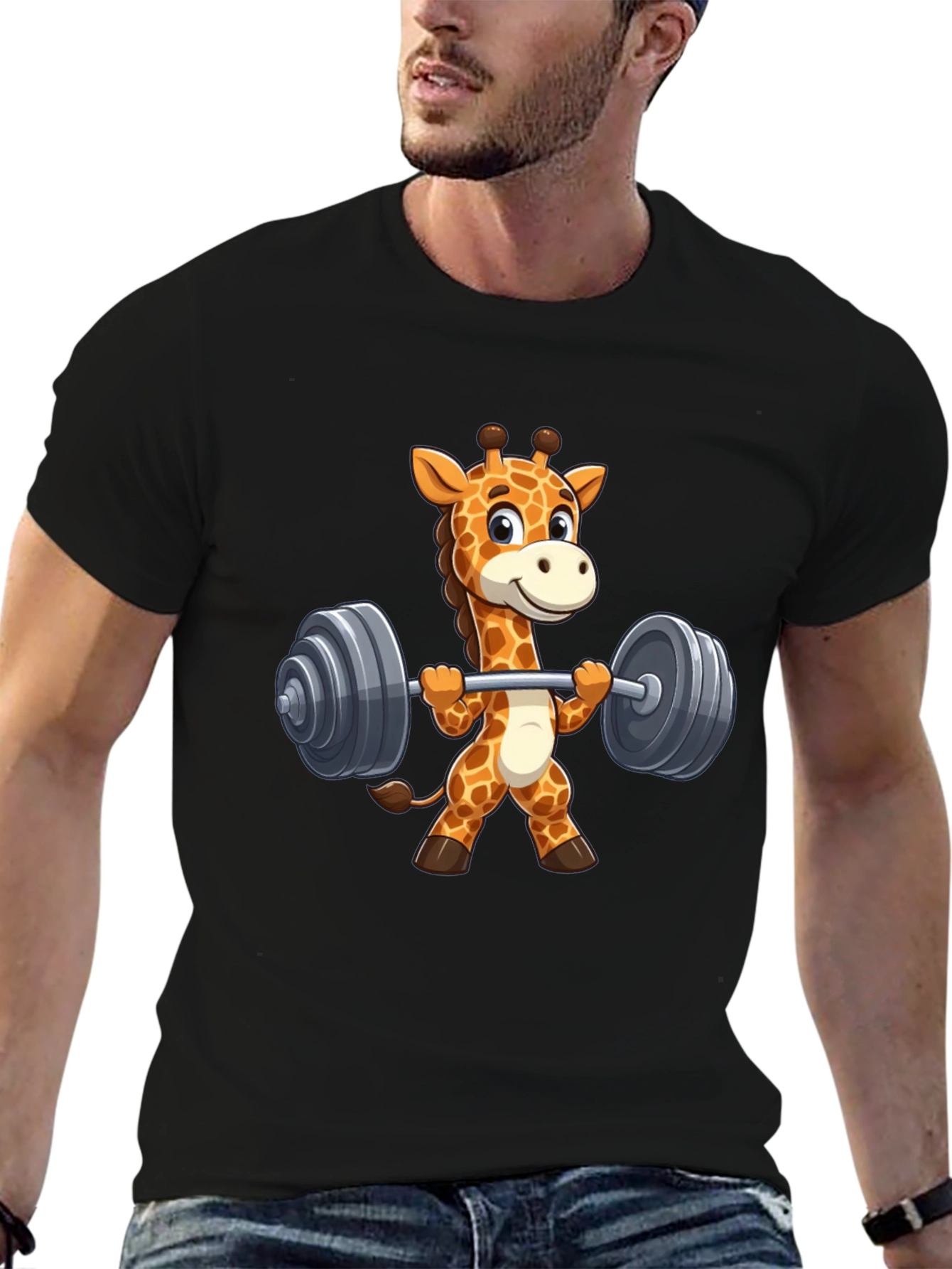 Black Giraffe Lifting Weights Graphic T-Shirt - Black view 6