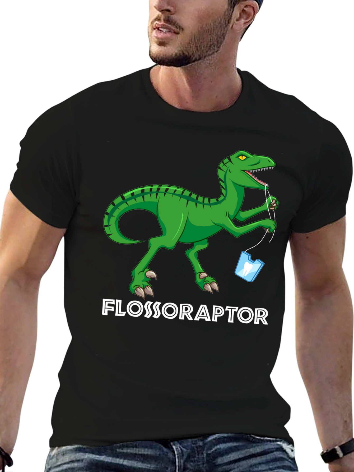 Black Flossoraptor T-Shirt - Dental Hygiene Dinosaur Tee view 6