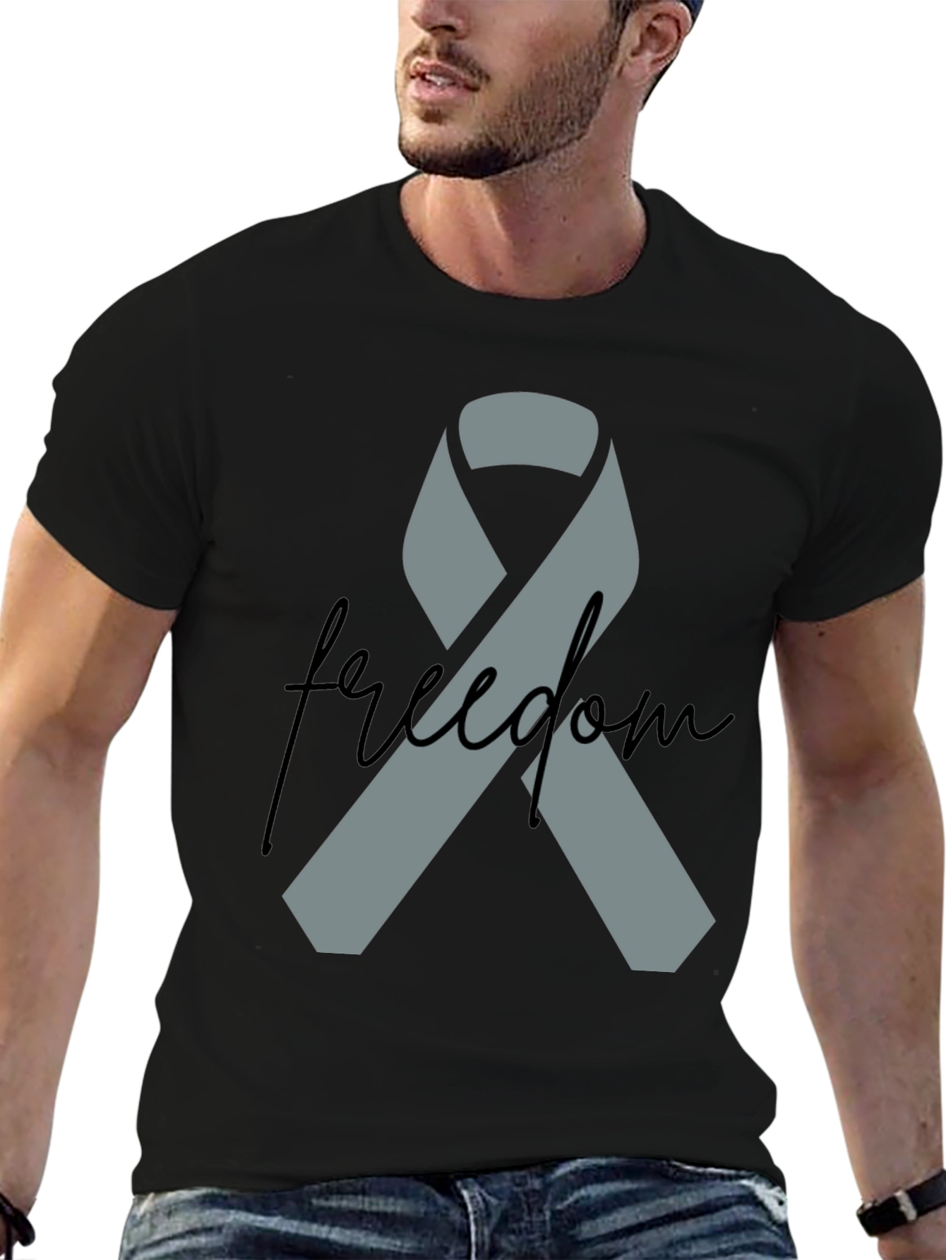 Freedom Ribbon T-Shirt - Grey Ribbon on Black - 6