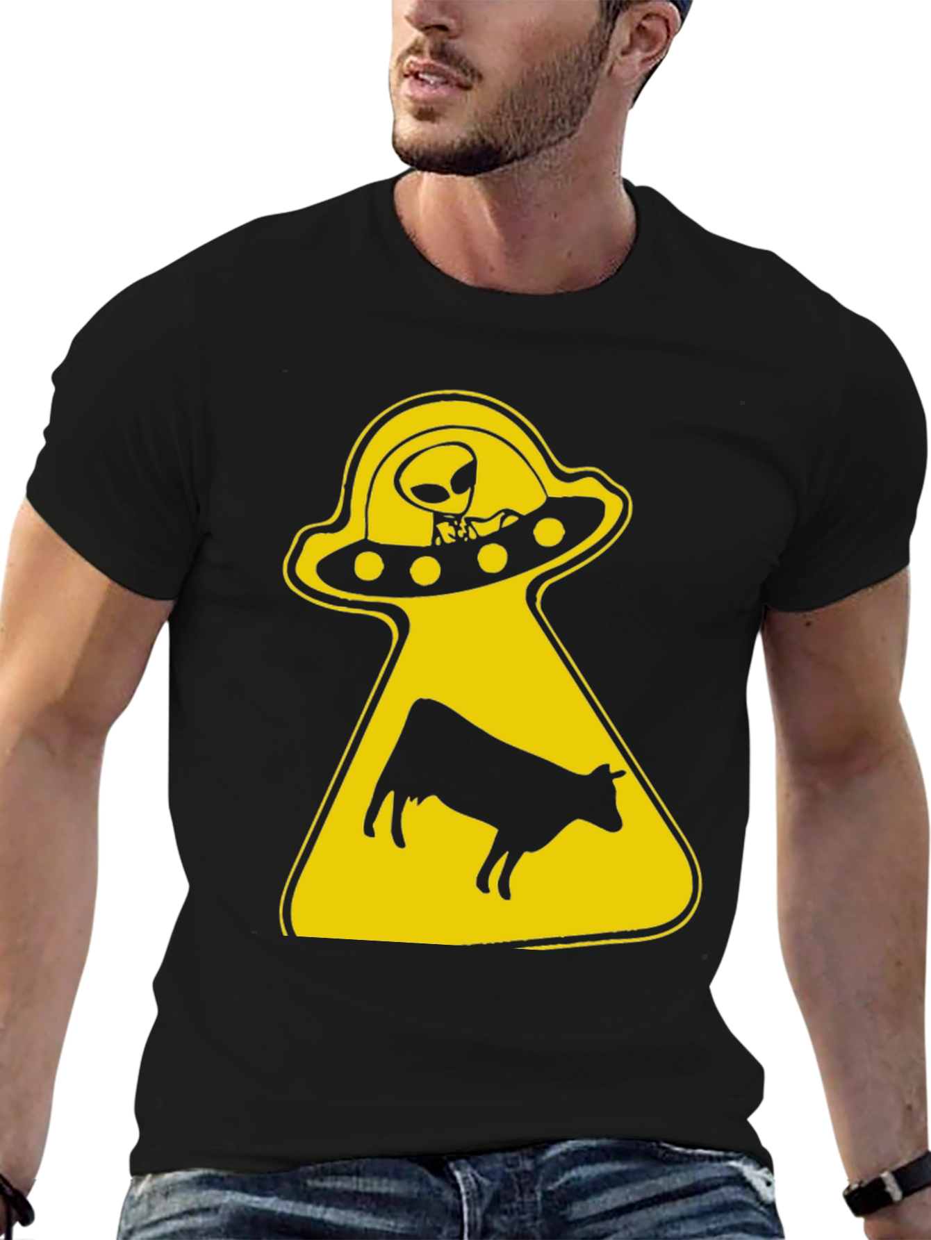 Black Alien Abduction Graphic Tee - Black Cotton T-Shirt view 6