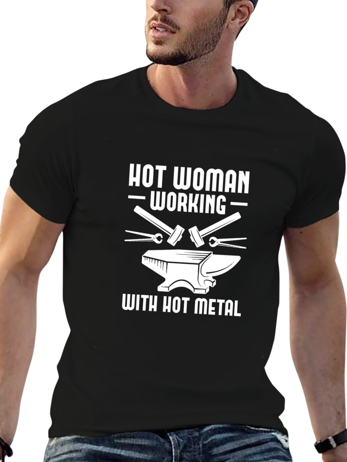 Black Hot Woman Working with Hot Metal Black T-Shirt view 6