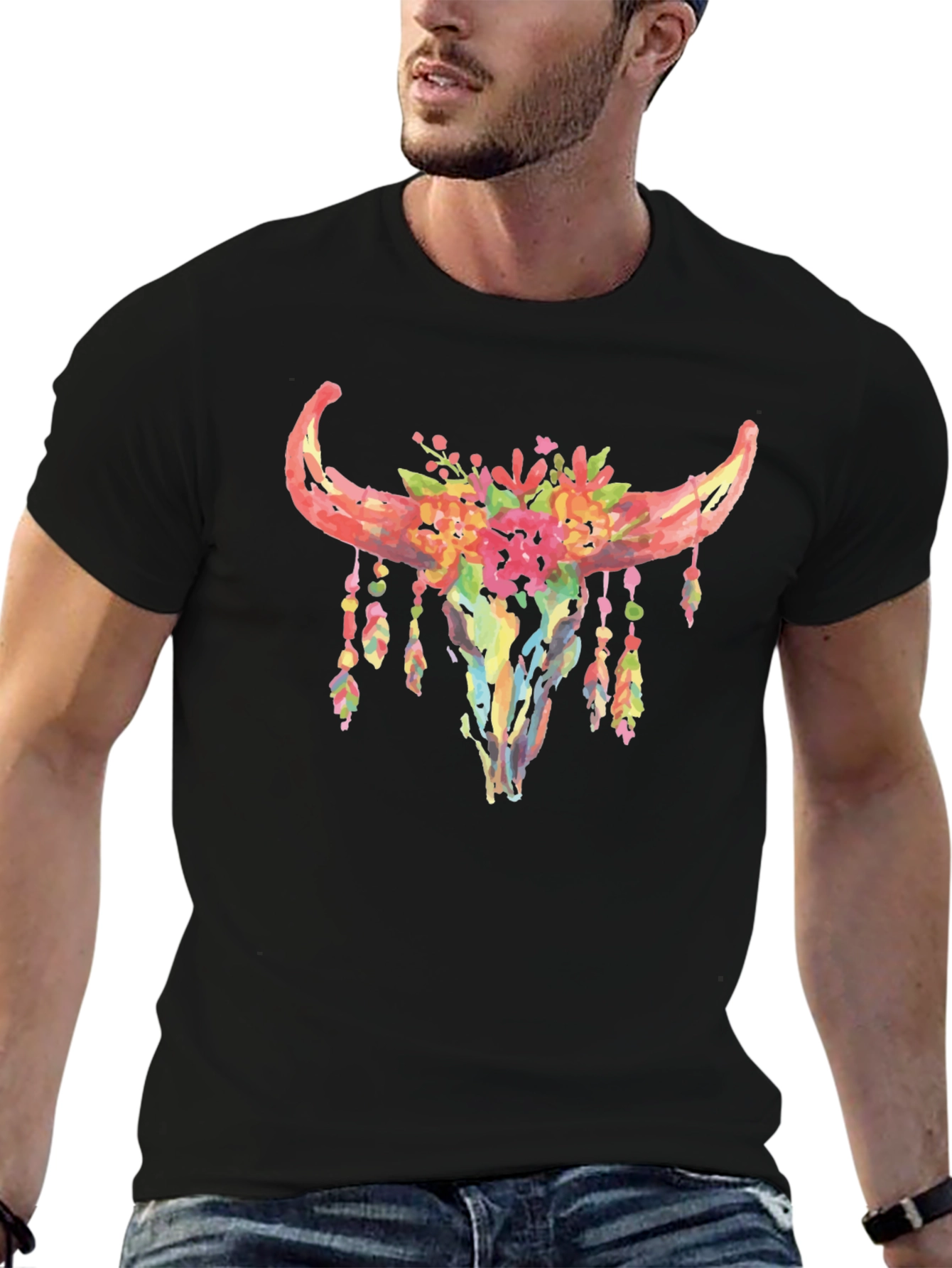 Black Floral Bull Skull Graphic T-Shirt view 6