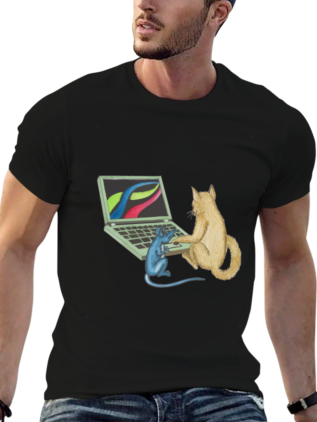 Black Cat & Mouse Computer Black T-Shirt view 6