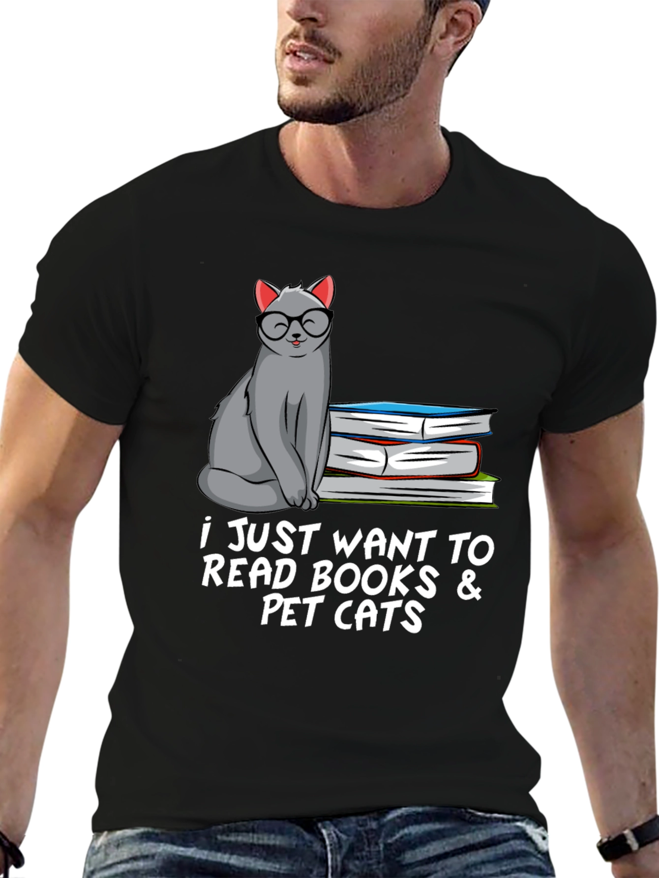 Black Bookish Cat Lover T-Shirt: Read Books & Pet Cats view 6