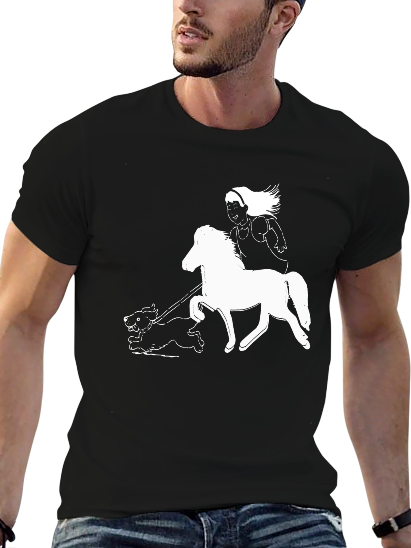 Black Horse & Dog Tee - Fun Graphic Print on Black Shirt view 6