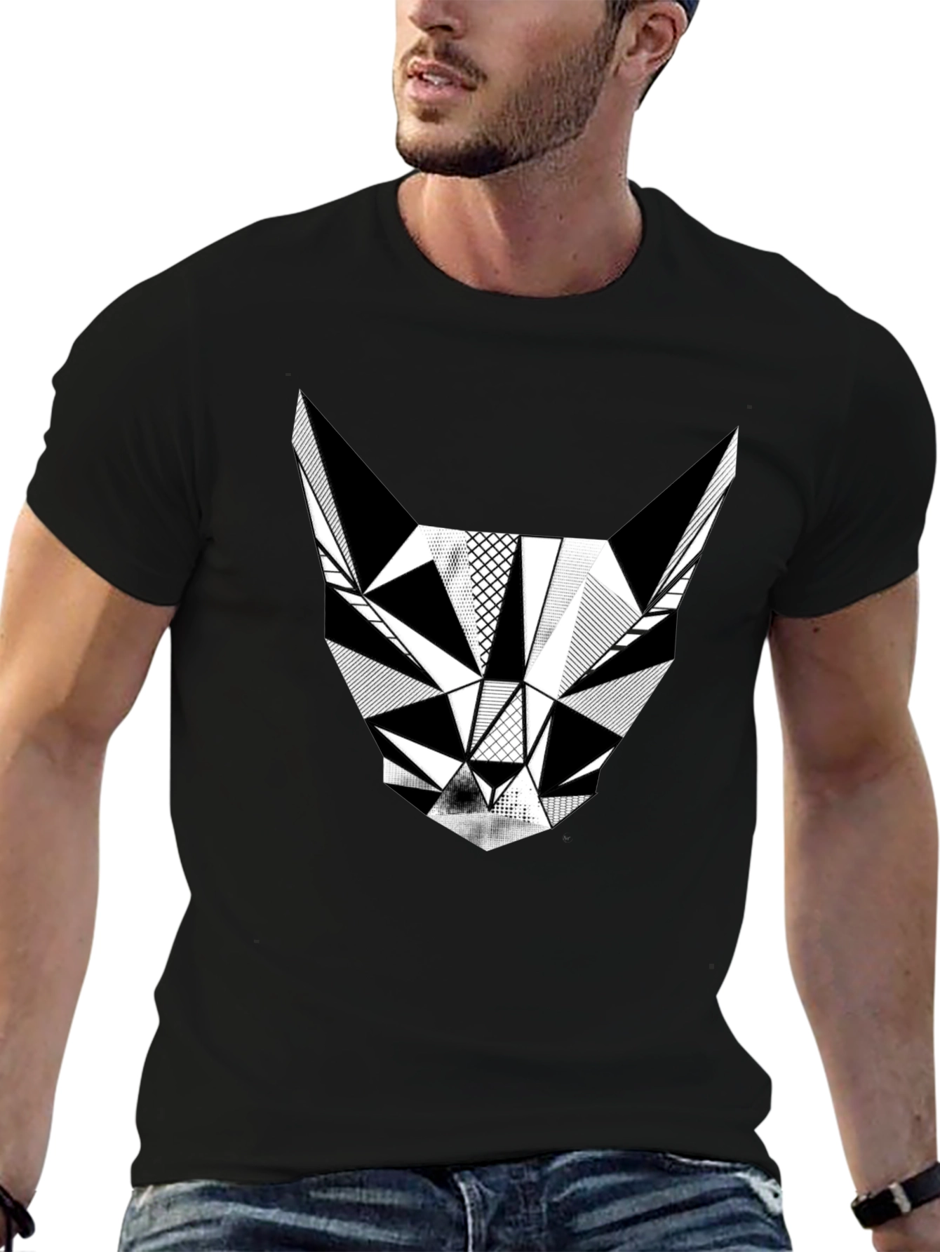 Black Geometric Cat T-Shirt - Modern Graphic Tee view 6