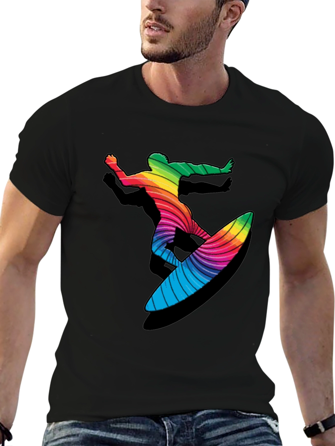 Black Rainbow Surfer Graphic Tee - Black Cotton T-Shirt view 6