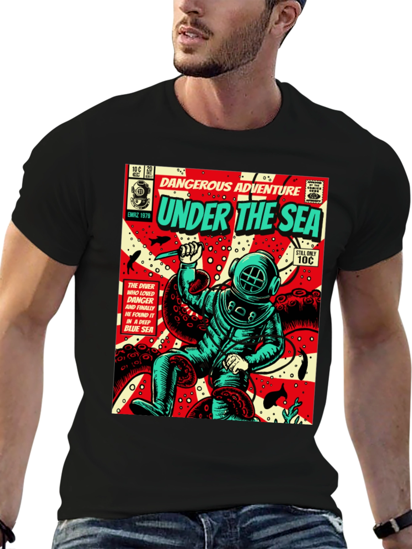 Black Under the Sea Comic Diver T-Shirt view 6