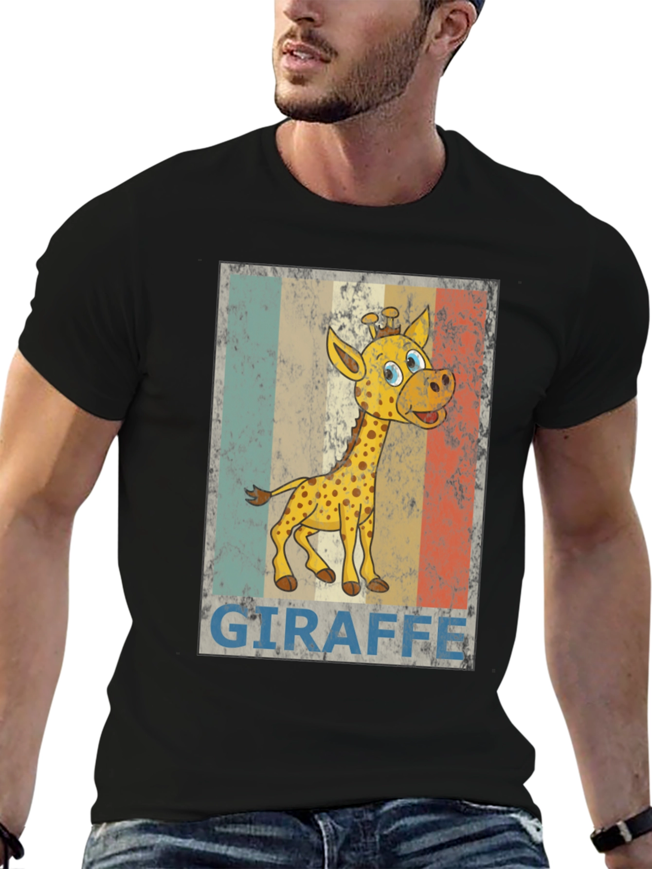 Black Giraffe Cartoon Print Black T-Shirt view 6