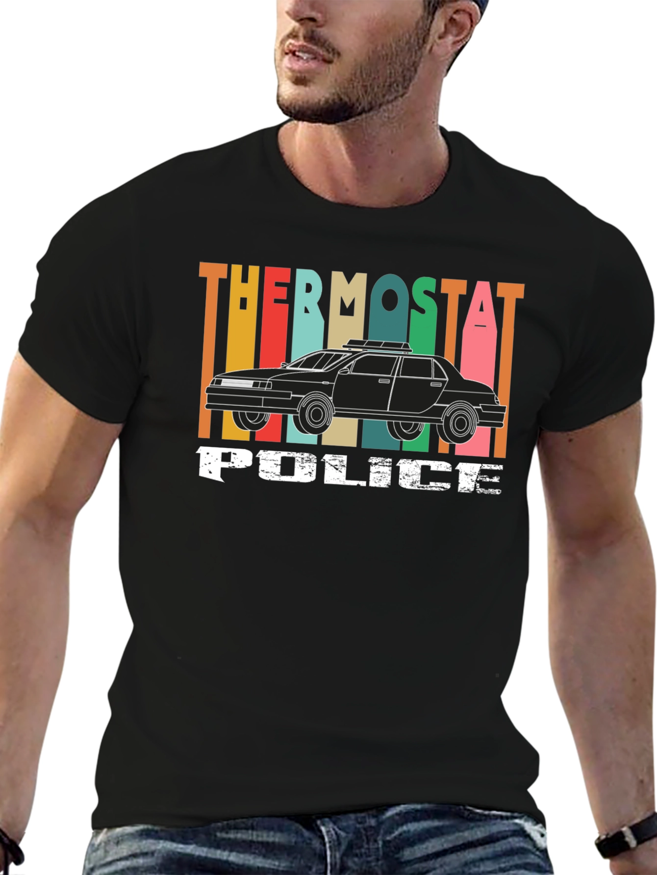 Black Thermostat Police Graphic T-Shirt - Retro Style view 6
