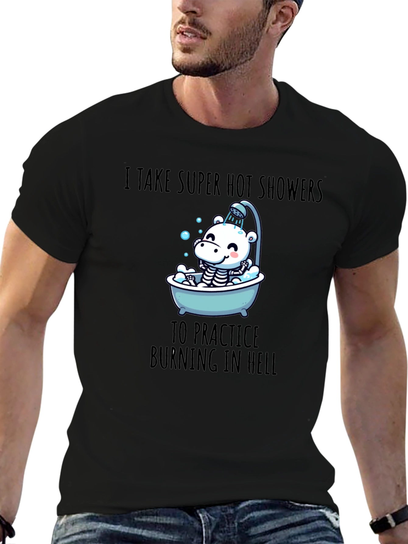 Black Funny 'Burning in Hell' Shower T-Shirt view 6