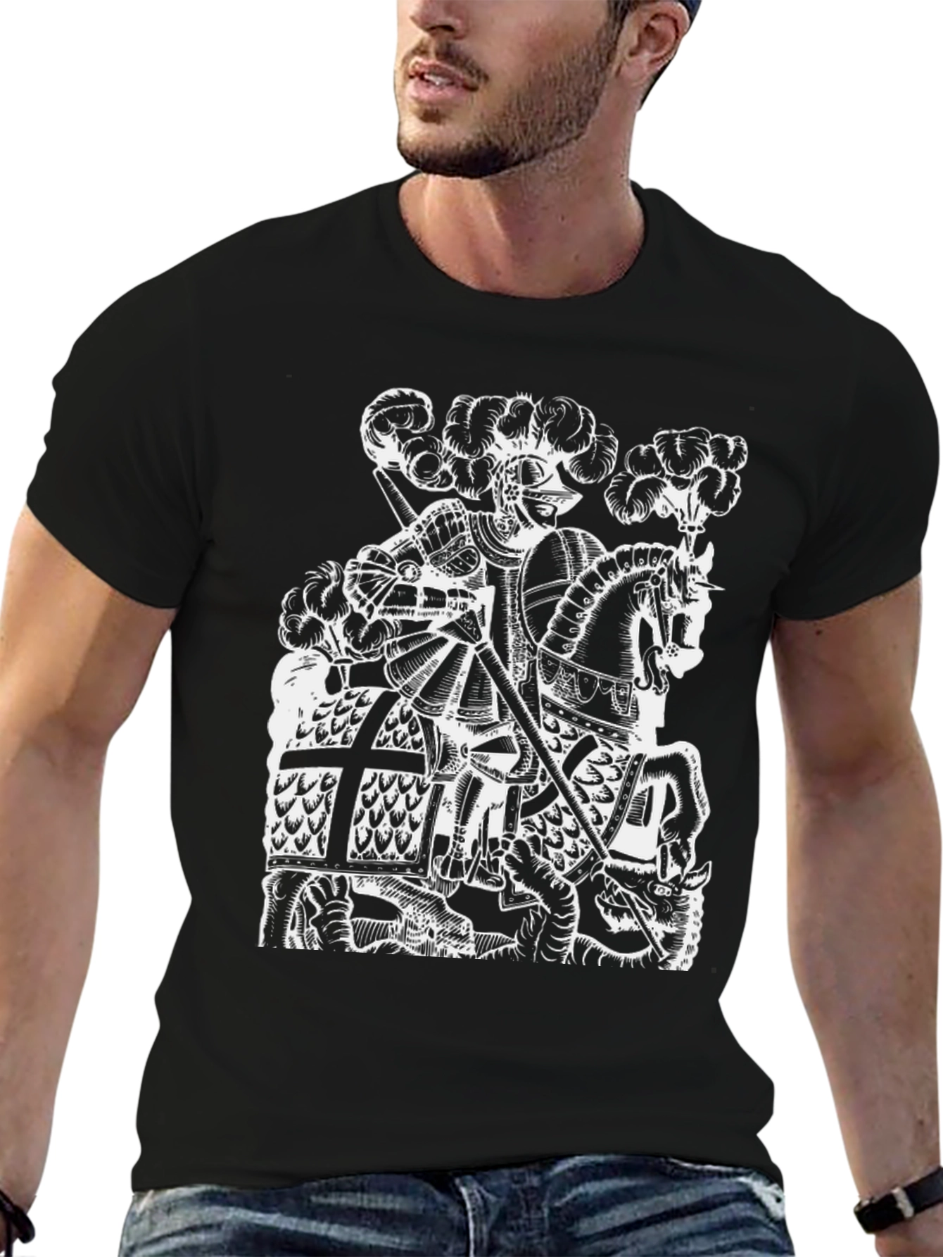 Black Medieval Knight Dragon Slayer Graphic Tee view 6