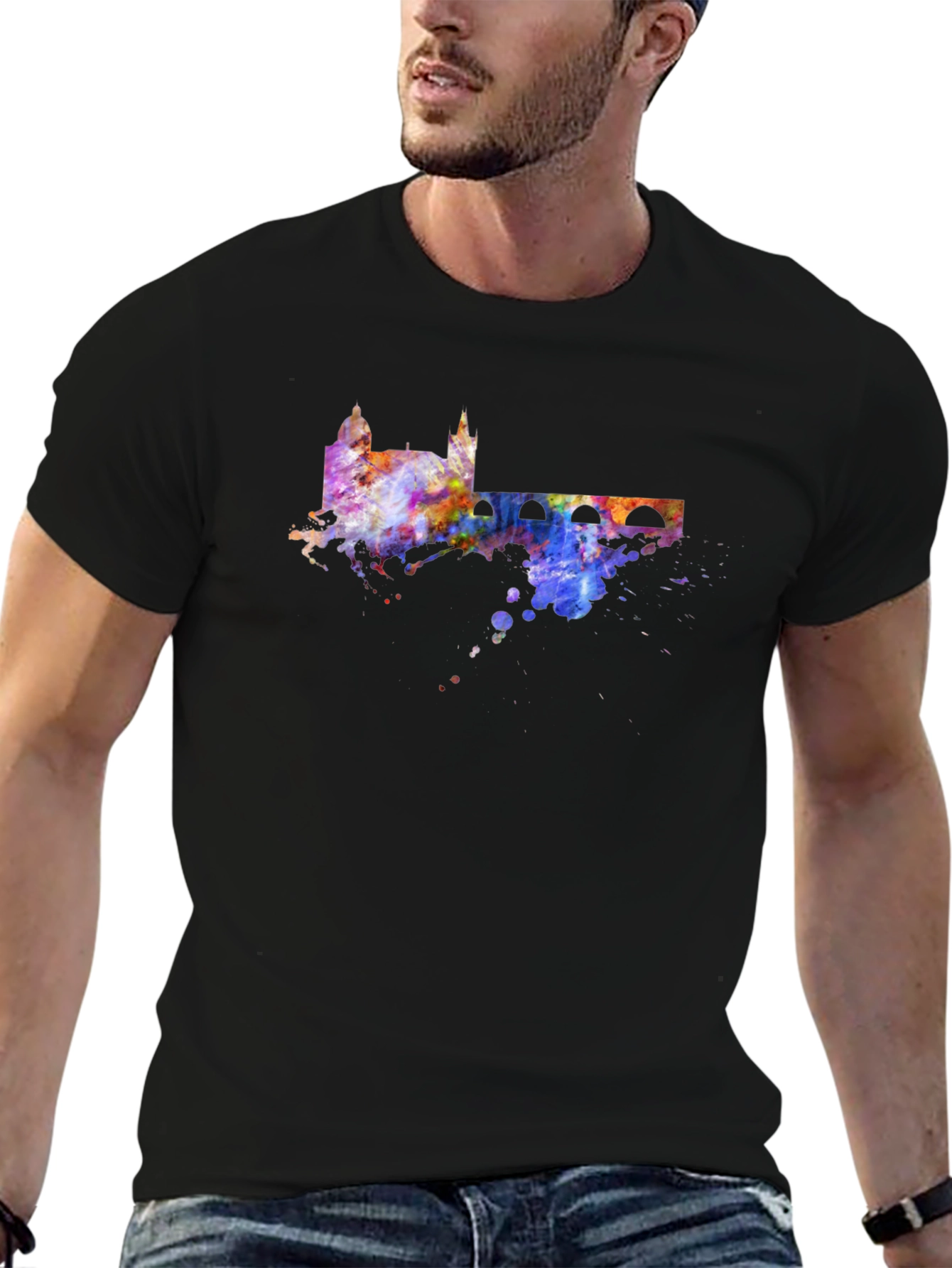 Black Watercolor Cityscape Black T-Shirt view 6