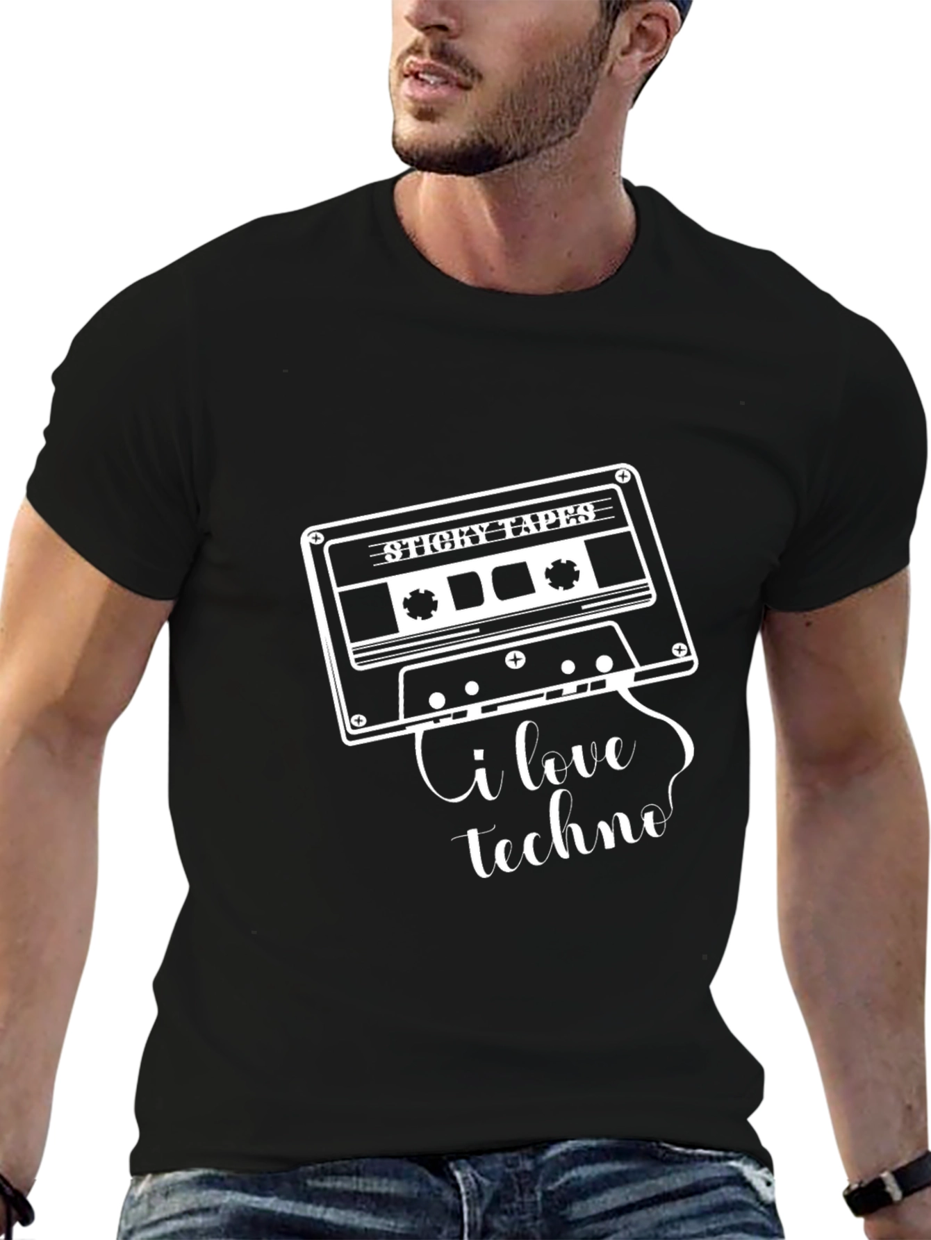 Black I Love Techno Cassette Tape Graphic T-Shirt view 6
