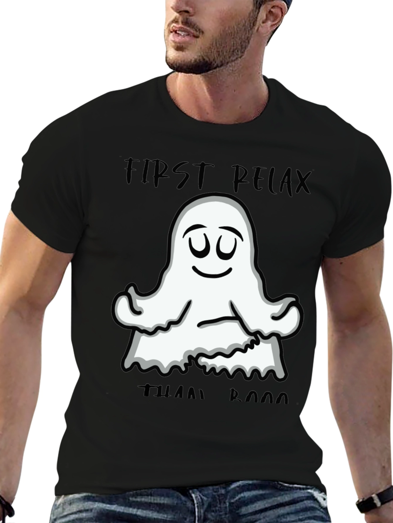 Black Relax Ghost Graphic T-Shirt - Halloween Yoga Tee view 6