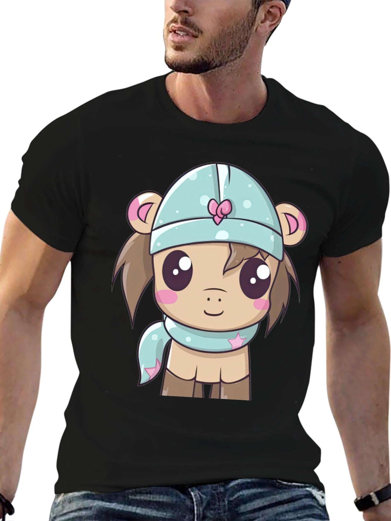Black Cute Cartoon Animal Black T-Shirt view 6