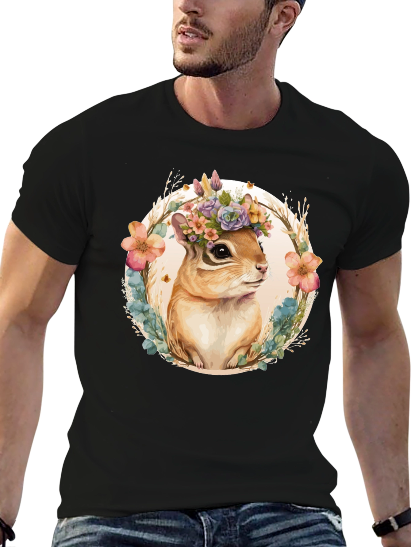 Black Floral Chipmunk Graphic Tee view 6