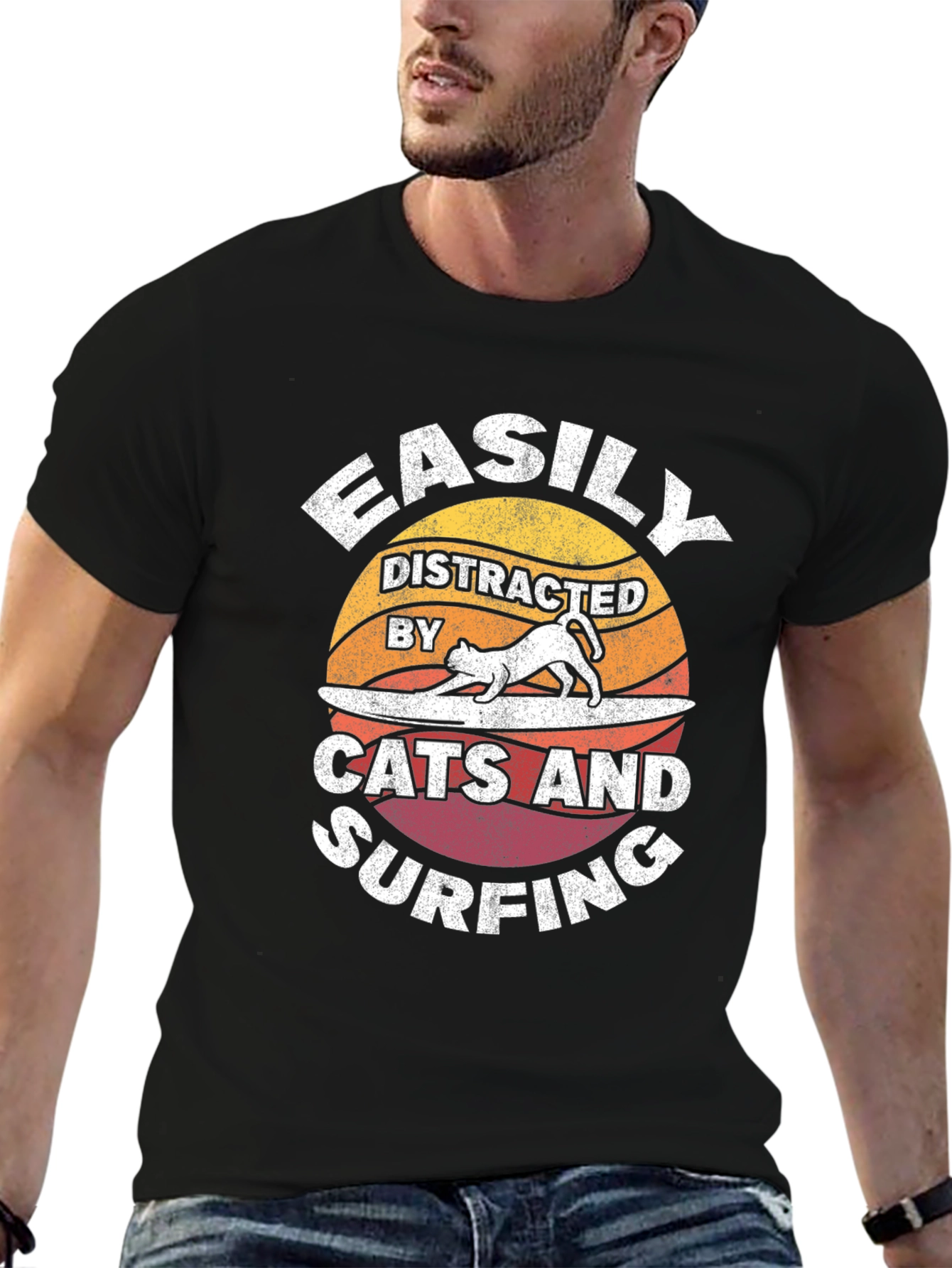 Black Easily Distracted Cats & Surfing T-Shirt view 6