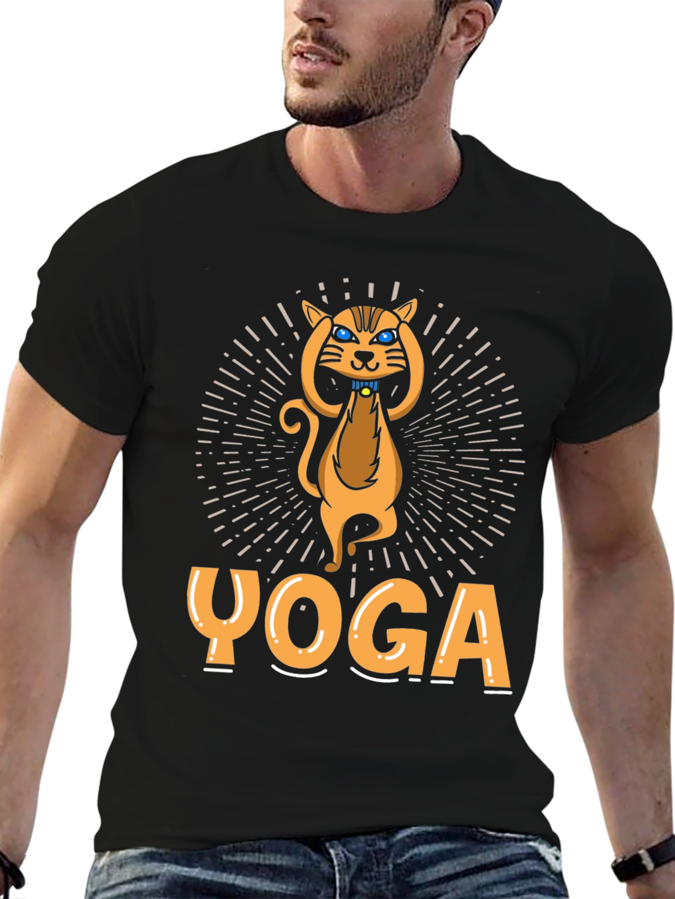 Black Yoga Cat Graphic T-Shirt - Unisex view 6