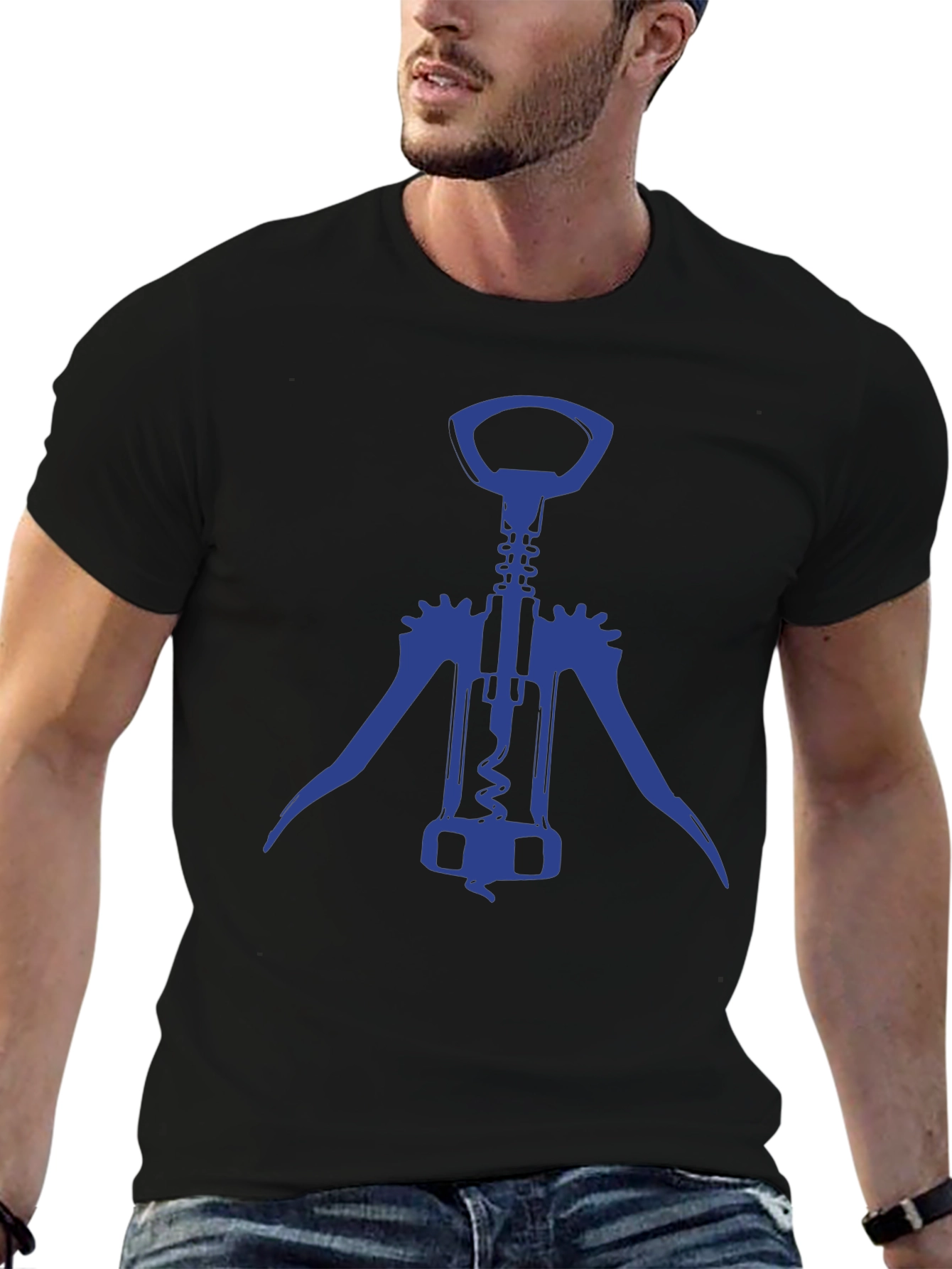 Black Wine Opener Graphic T-Shirt - Black Crew Neck Tee view 6