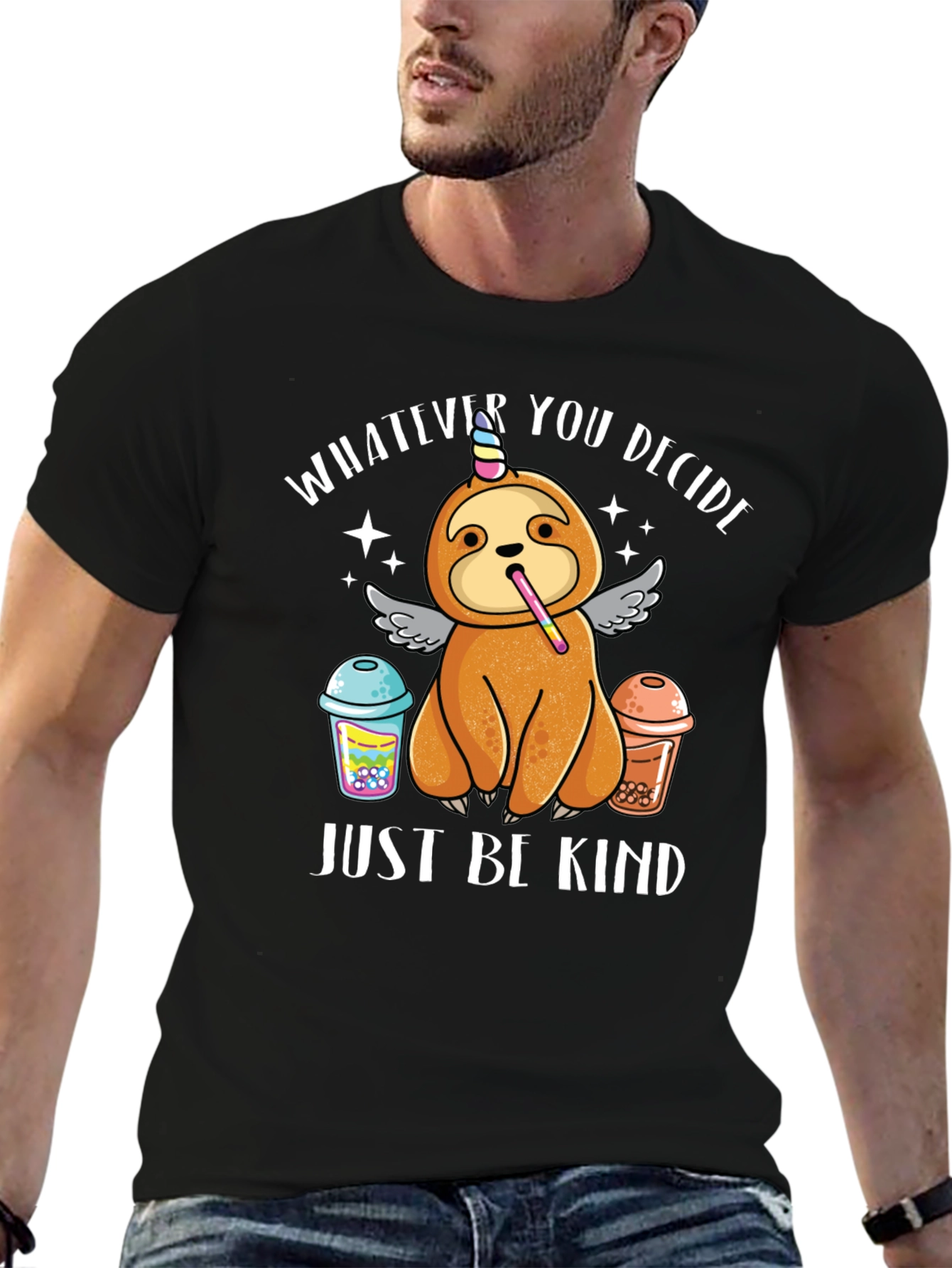 Black Sloth Unicorn Bubble Tea T-Shirt - Just Be Kind view 6