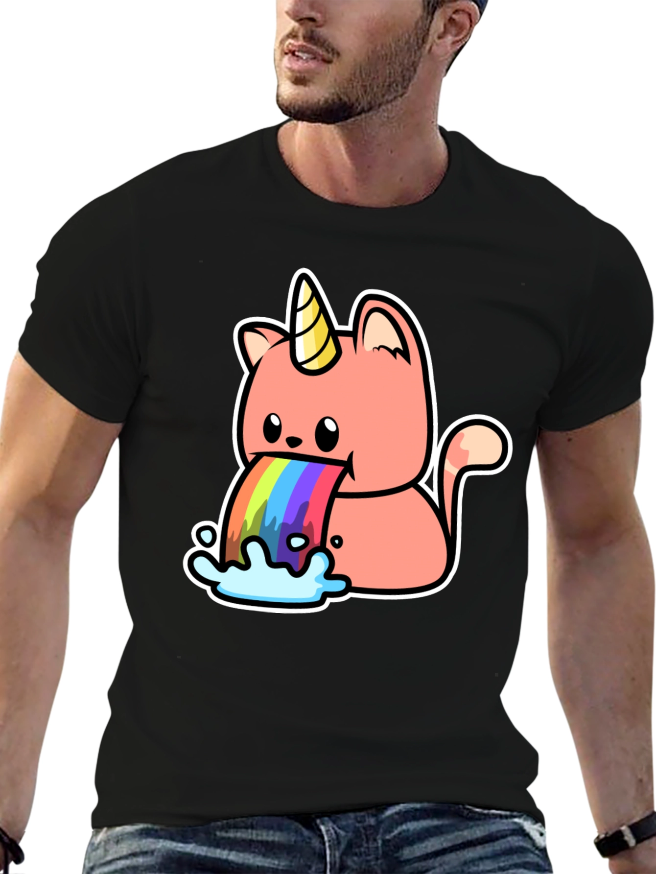 Black Unicorn Cat Rainbow Puke T-Shirt view 6