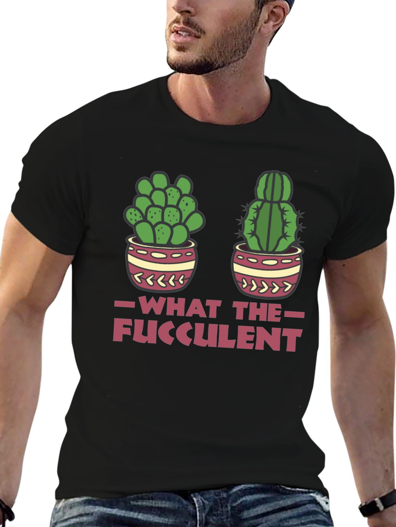 Black What The Fucculent Funny Cactus T-Shirt view 6