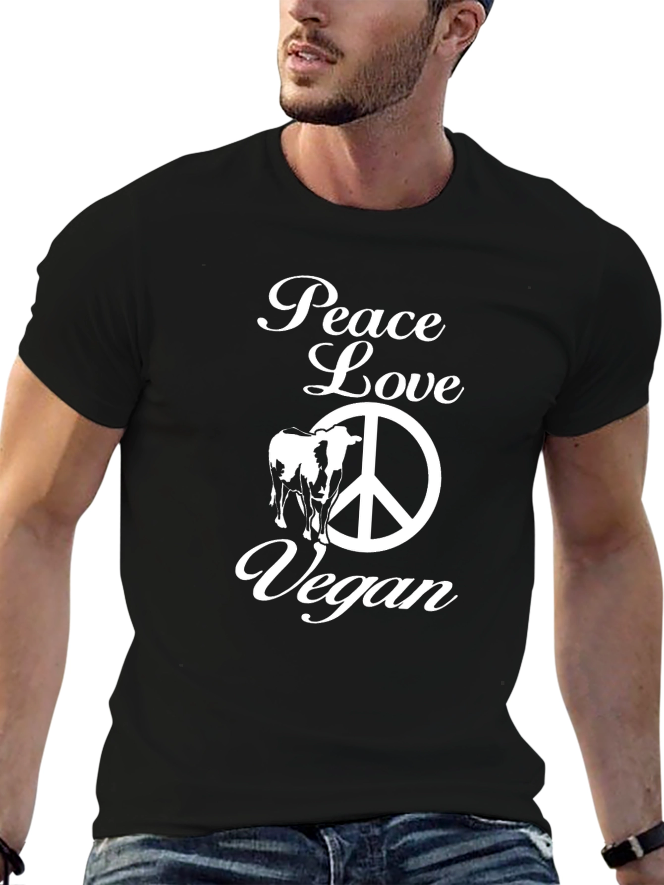 Black Peace Love Vegan T-Shirt - Unisex Black Tee view 6